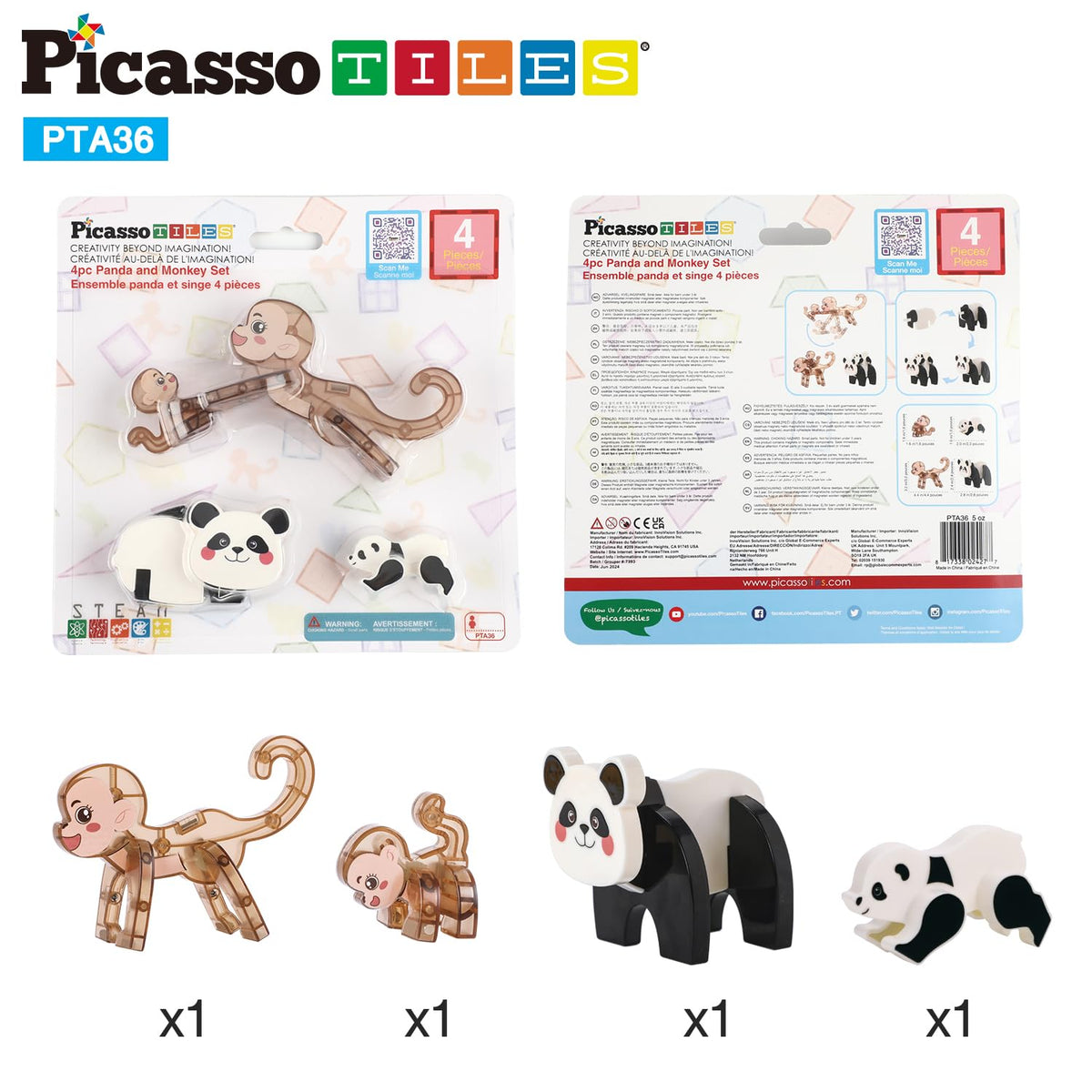 PicassoTiles Magnetic Build a Panda & Monkey Set Magnet Tile Blocks Add-on Expansion Pack, with Panda, Cub, Monkey & Baby Monkey Preschool Learning