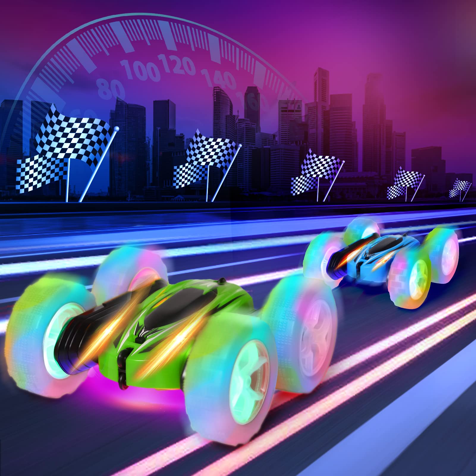 FunsLane 2 Pack Remote Control Car Toys for Kids, RC Stunt Cars with Wheel Lights, 2.4GHz Drift High Speed 4WD Off Road Double Sided 360° Rotating