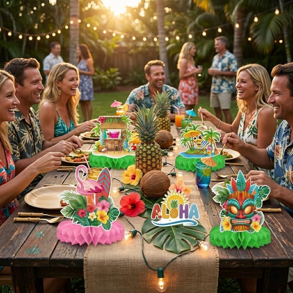 Hawaiian Luau Party Decorations Set, 9 Pcs Aloha Honeycomb Centerpieces for Tables, Tropical Tiki Beach Summer Pool Theme Birthday Party Supplies