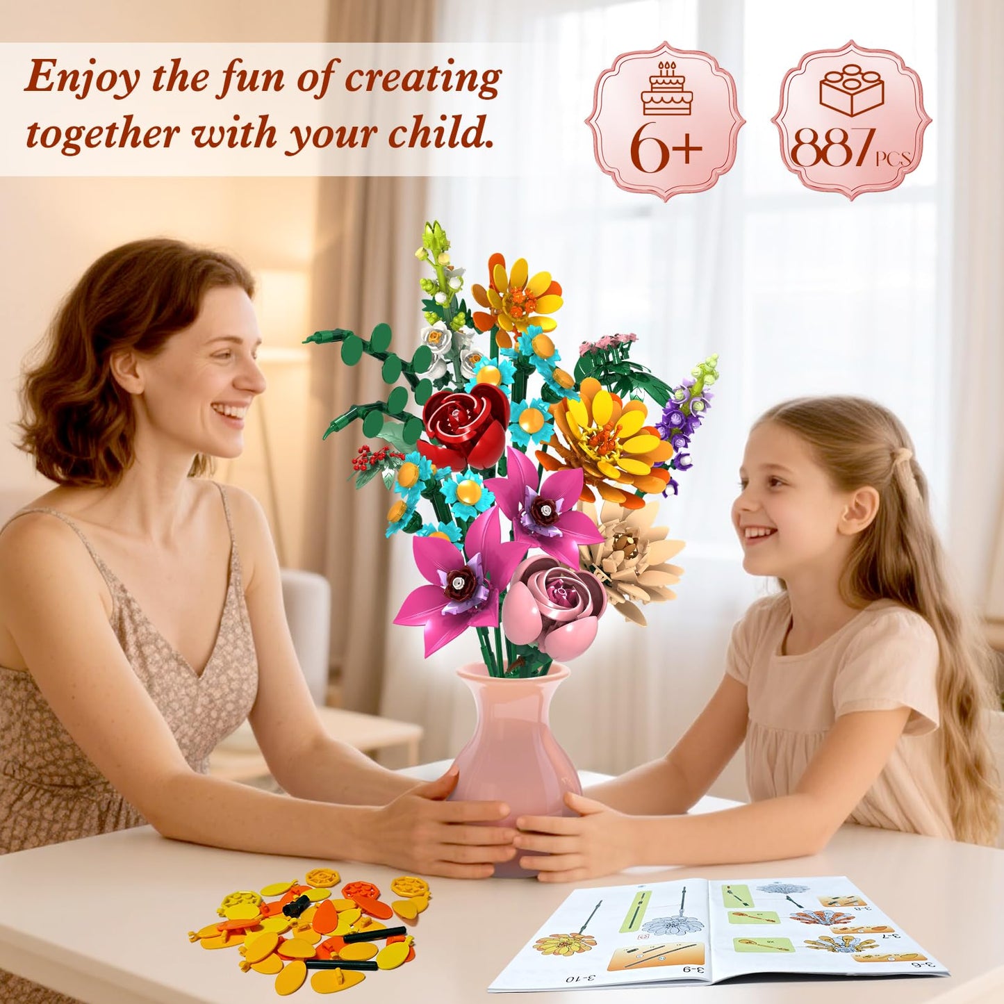 GoStock Flower Building Block Set, 13 Style Plant Bouquet Collection Toy, 887PCS Flowers Building Block Toy for Home Office Decor Adults Women Girls