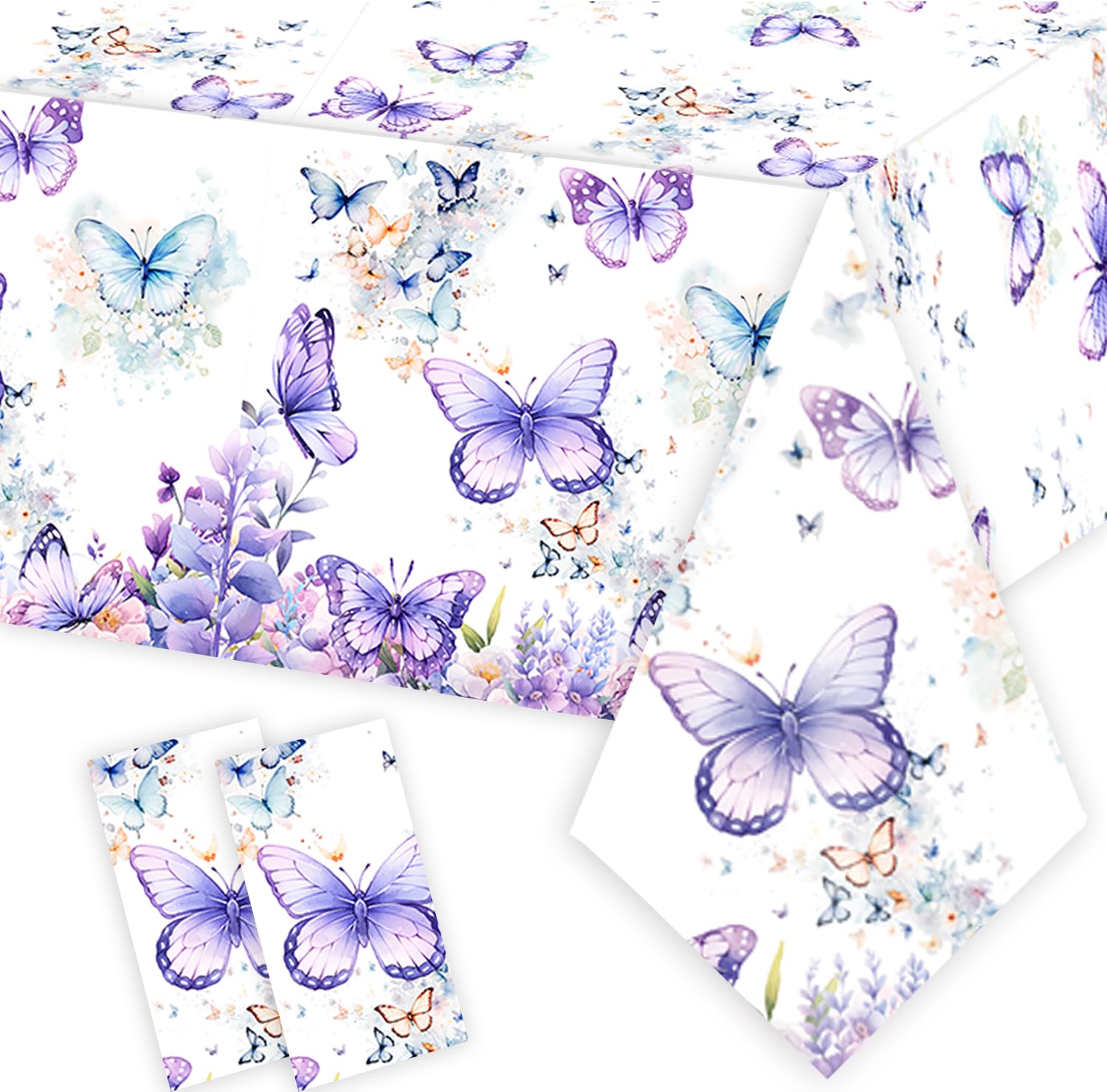 Letromp 2 Pcs Butterfly Birthday Tablecloth Watercolor Purple Butterfly Table Covers for Spring Butterfly Theme Girls Baby Shower 1st 2nd 3rd 4th Bday