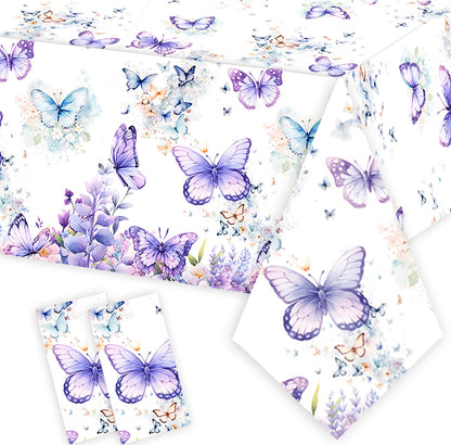 Letromp 2 Pcs Butterfly Birthday Tablecloth Watercolor Purple Butterfly Table Covers for Spring Butterfly Theme Girls Baby Shower 1st 2nd 3rd 4th Bday