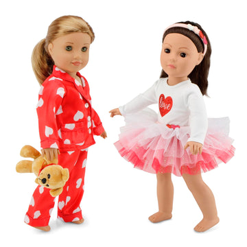Emily Rose 18" Doll Valentine Holiday Bundle - 6-Piece Red Hearts Tutu & Pajama Set with Teddy Bear - Gift Boxed Clothes for 18 Inch Dolls