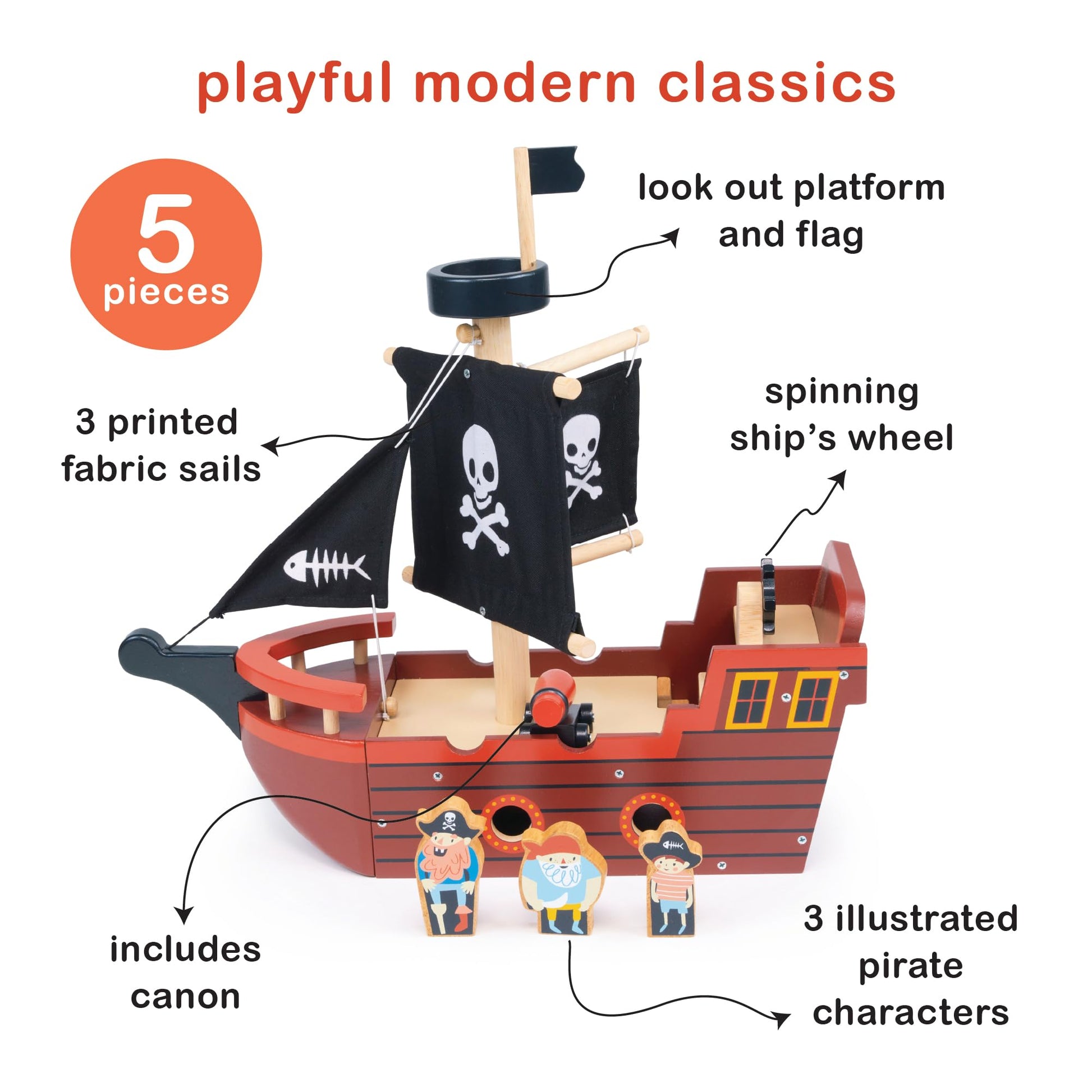 Mentari Toys - Fishbones Pirate Ship - Wooden Pirate Ship with Fabric Sails, Spinning Wheel, Sailors and Canon - Interactive Toy for Imaginative Play