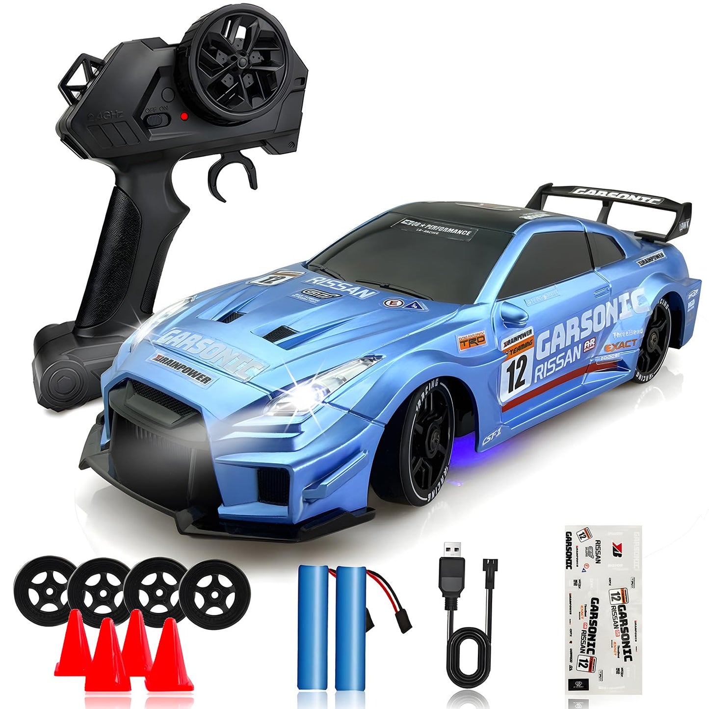 RCANGOL 1:24 RC Drift Car for Kids,4WD 2.4GHz 28KM/H High Speed Remote Control Car, Racing Sport Toy Car with LED Lights,Drifting Tires?Two Batteries