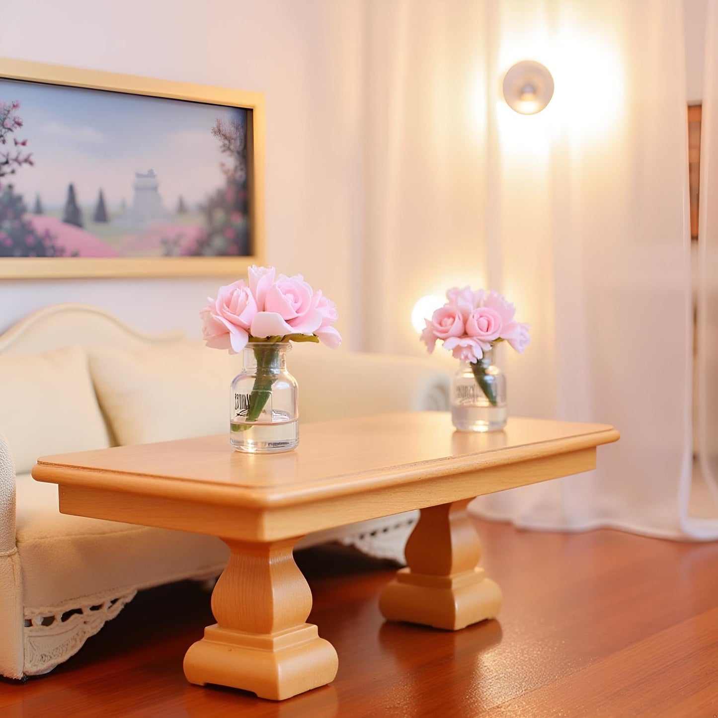 2 Pcs Pink Dollhouse Miniature Flowers Dollhouse Mini Vase with Flower Dolls House Flower Glass Vase 1:12 Scale Dollhouse Miniature Flower in Vase