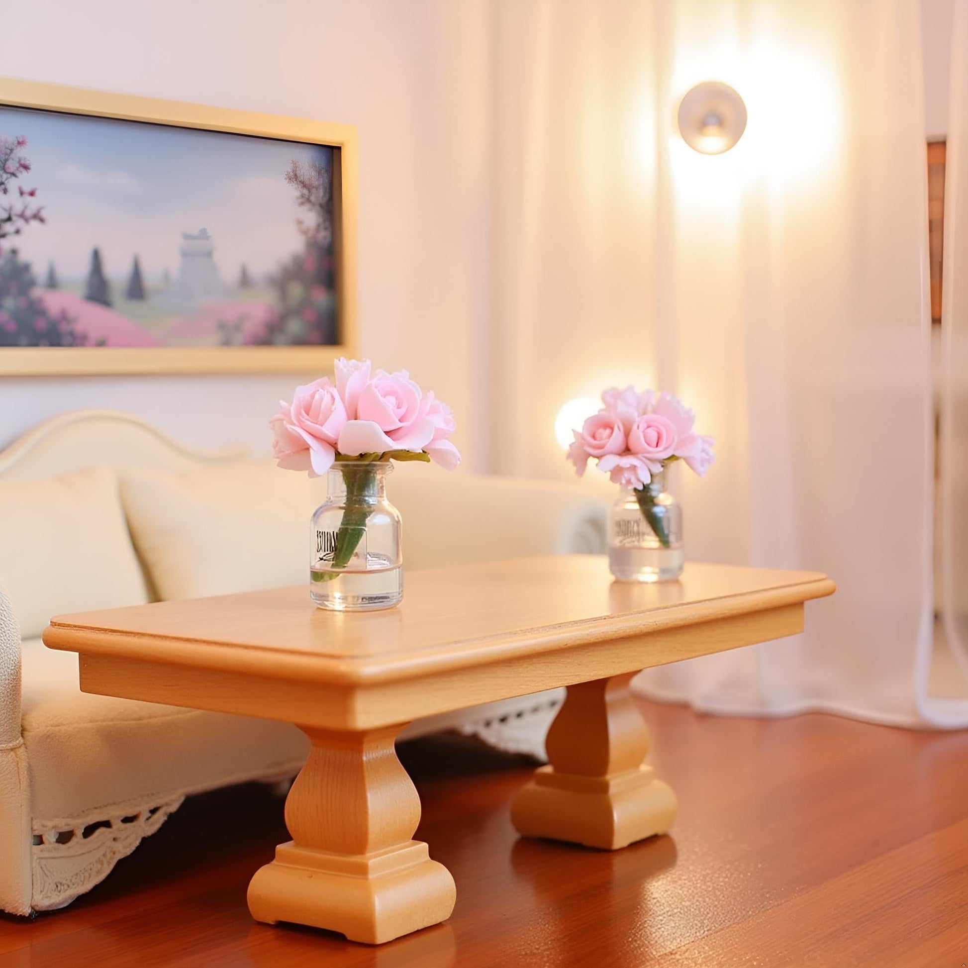 2 Pcs Pink Dollhouse Miniature Flowers Dollhouse Mini Vase with Flower Dolls House Flower Glass Vase 1:12 Scale Dollhouse Miniature Flower in Vase