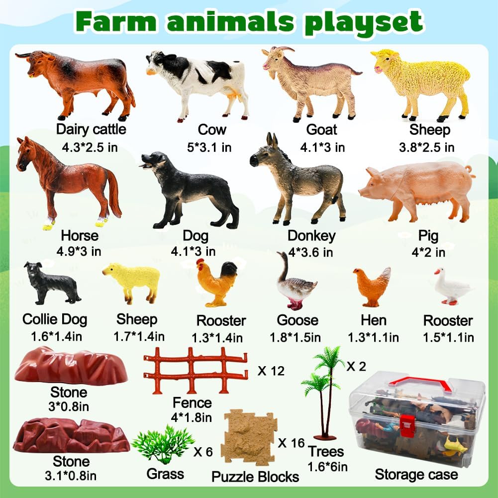 BOLZRA Farm Animal Figurines, Realistic Plastic Animals Toys with Fences Building Blocks, Farm Figures Playset Educational Christmas Birthday Gift