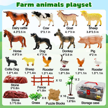 BOLZRA Farm Animal Figurines, Realistic Plastic Animals Toys with Fences Building Blocks, Farm Figures Playset Educational Christmas Birthday Gift