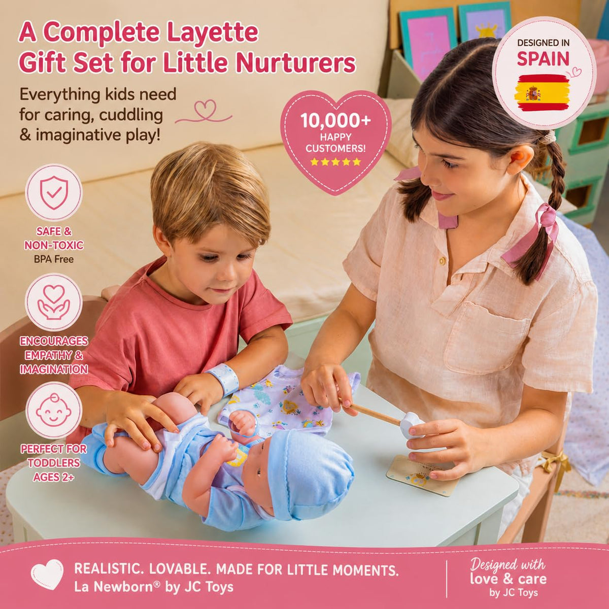 8 piece Layette Baby Doll Gift Set | JC Toys - La Newborn Nursery | 14" Life-Like Smiling Doll w/ Accessories | Blue | Ages 2+