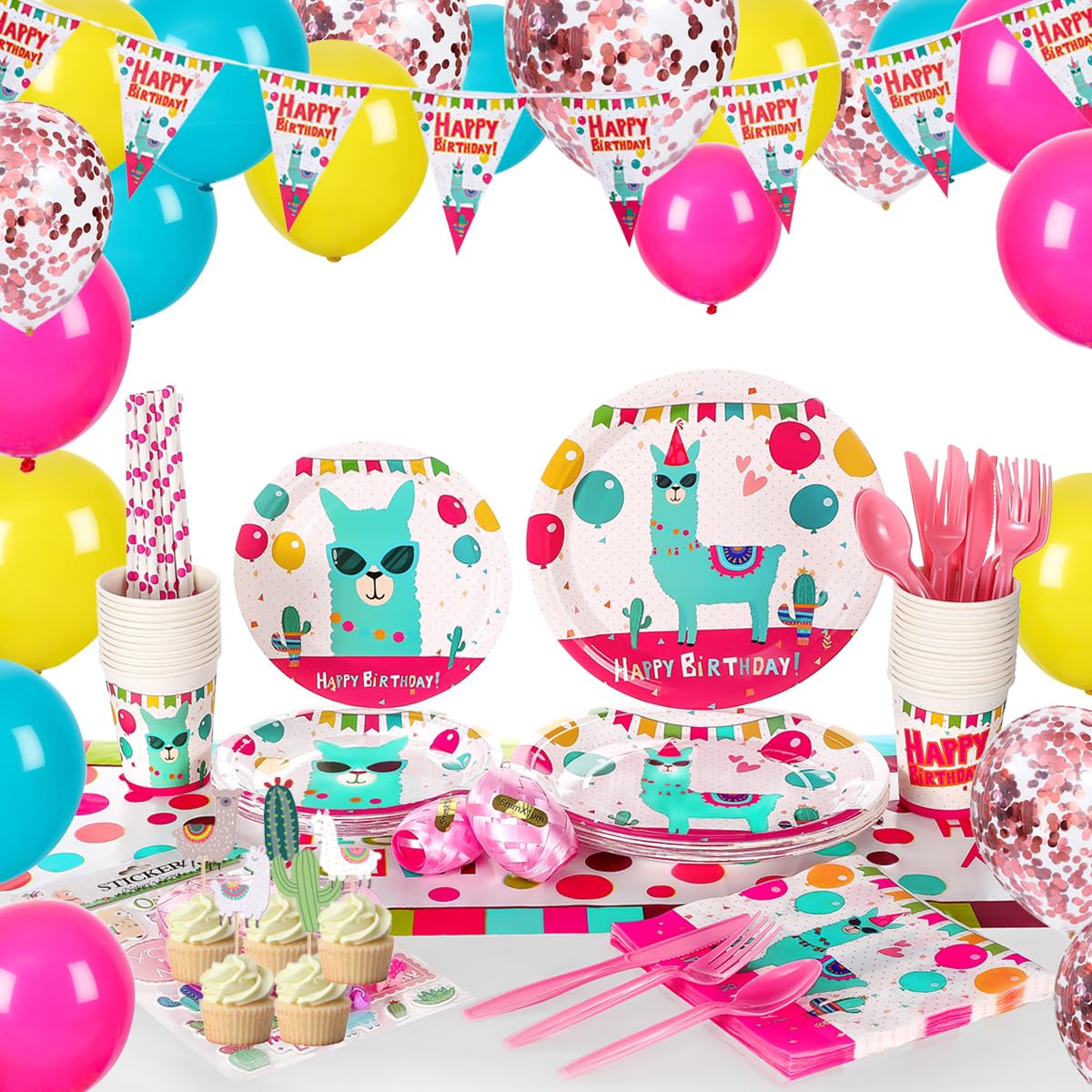 Llama Party Supplies Set For Girls-24 guests- Alpaca Birthday Party Decorations, Include Alpaca Plates Cups Banner Balloons Cutlery Tablecloth Napkins