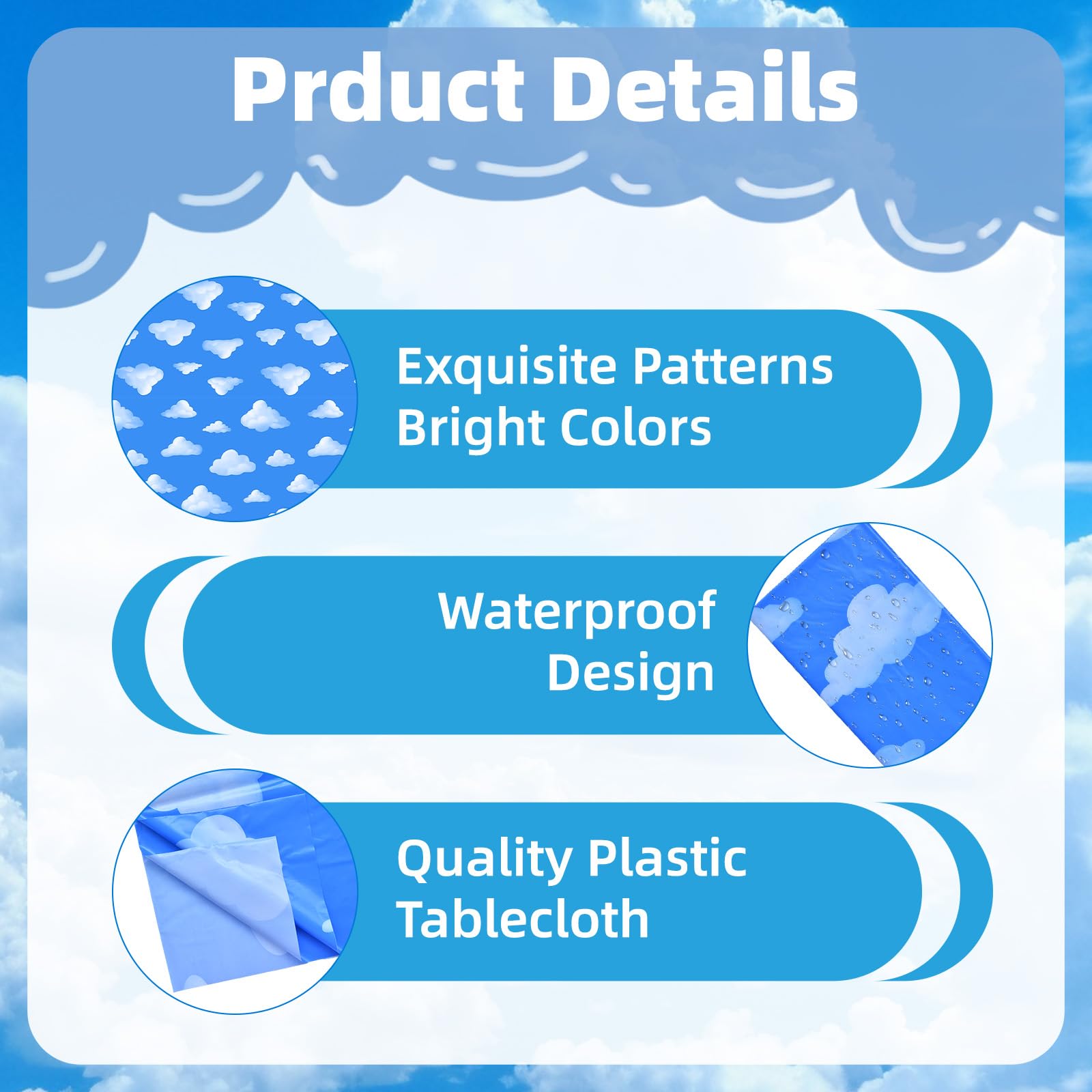 Temicle 3-Pack 54 x 108 Inch Cartoon Sky Tablecloths - Blue Sky and Cloud Disposable Plastic Covers for Kids Birthday, Baby Shower, and Party Supplies
