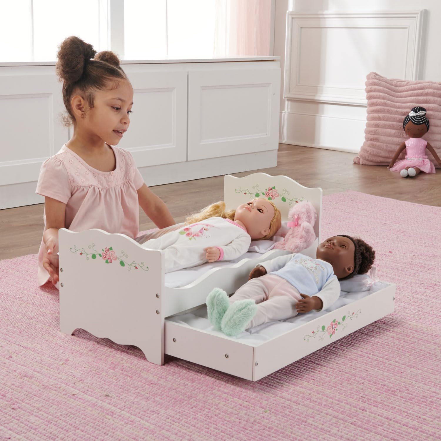 Badger Basket Doll Bed with Trundle and Bedding - Elegant White and Rose Bed for 18 to 20-Inch Dolls with Deluxe Mats and Pillows