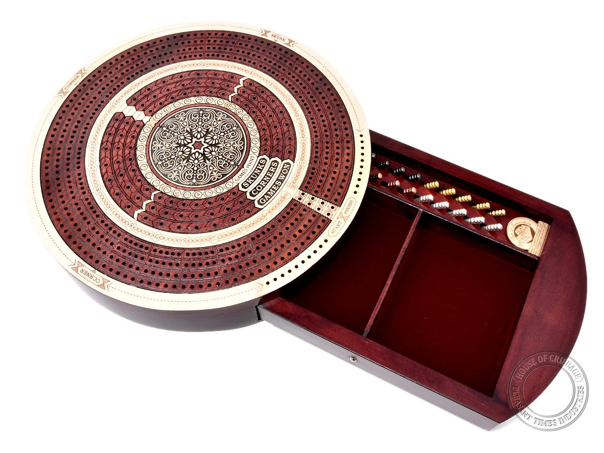 House of Cribbage - Round Shape 4 Tracks Continuous Cribbage Board Maple/Bloodwood with Push Drawer & Place for Skunks, Corners & Won Games