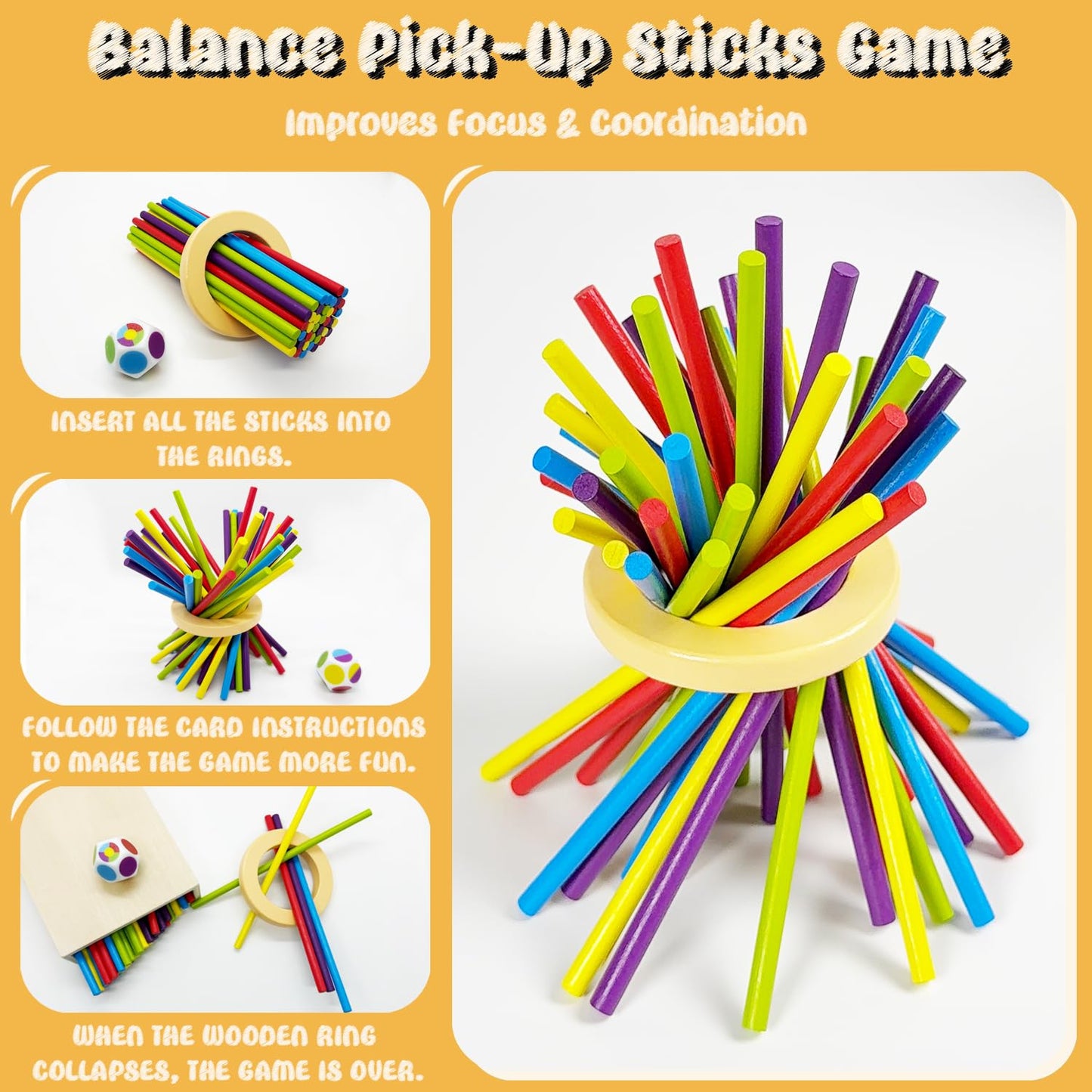 twivah 4-in-1 Board Game for Kids, Wooden Sorting & Stacking|Pick-up Sticks|Counting|Ball Drop Tower, Family Games for Kid and Adult, Montessori STEM