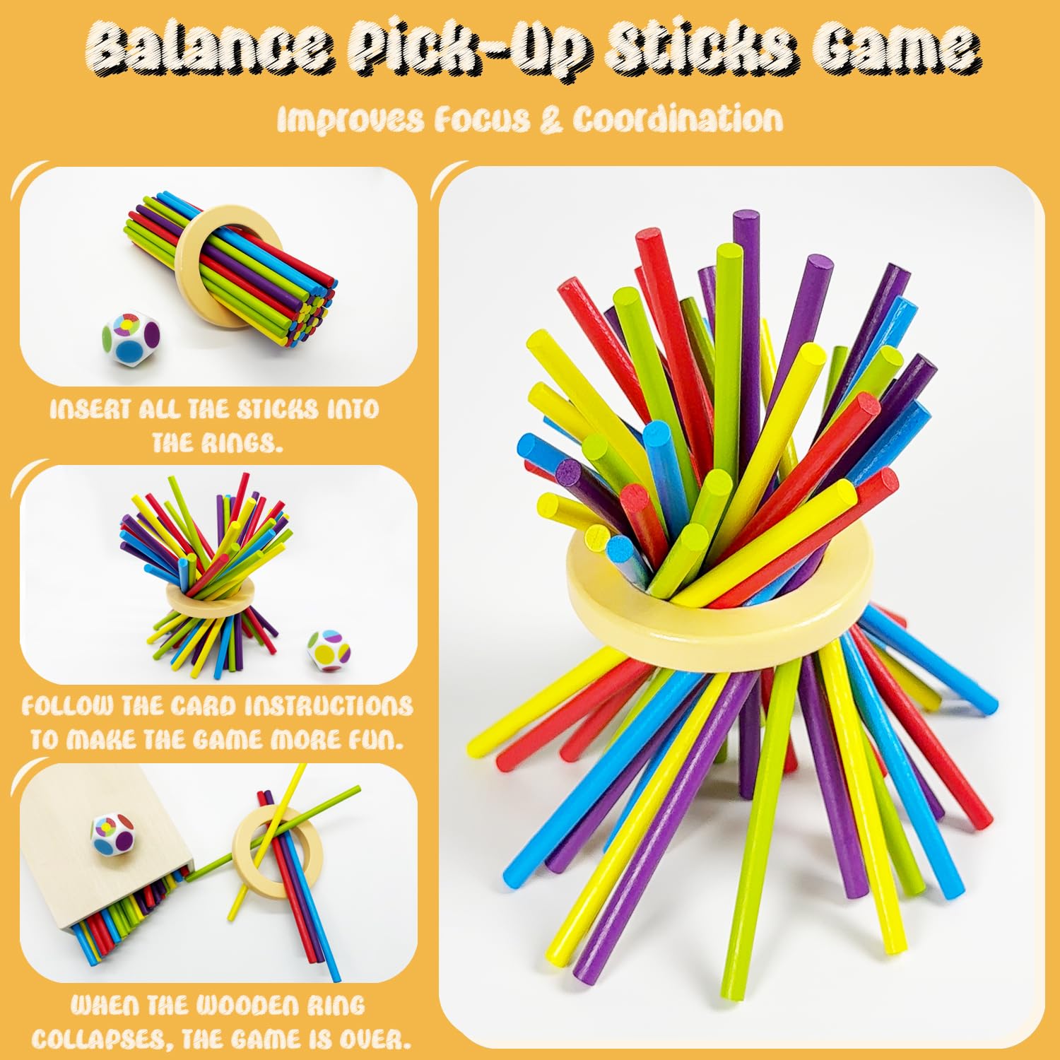 twivah 4-in-1 Board Game for Kids, Wooden Sorting & Stacking|Pick-up Sticks|Counting|Ball Drop Tower, Family Games for Kid and Adult, Montessori STEM