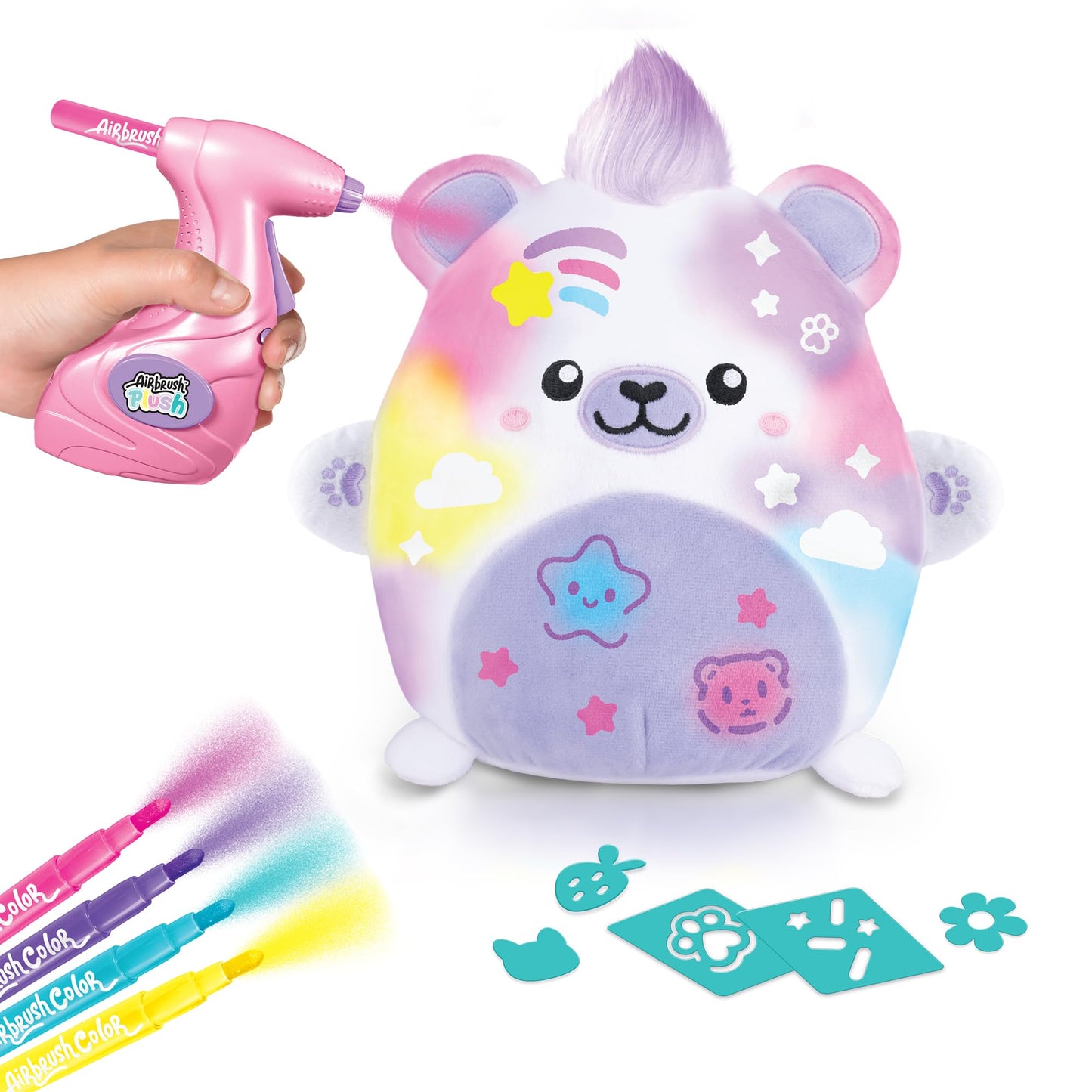 Canal Toys Airbrush Plush Kawaii Squish Bear: Includes Plush Bear, Airbrush Set and Stick on Stencils; Color and wash and Repeat; Create Your own