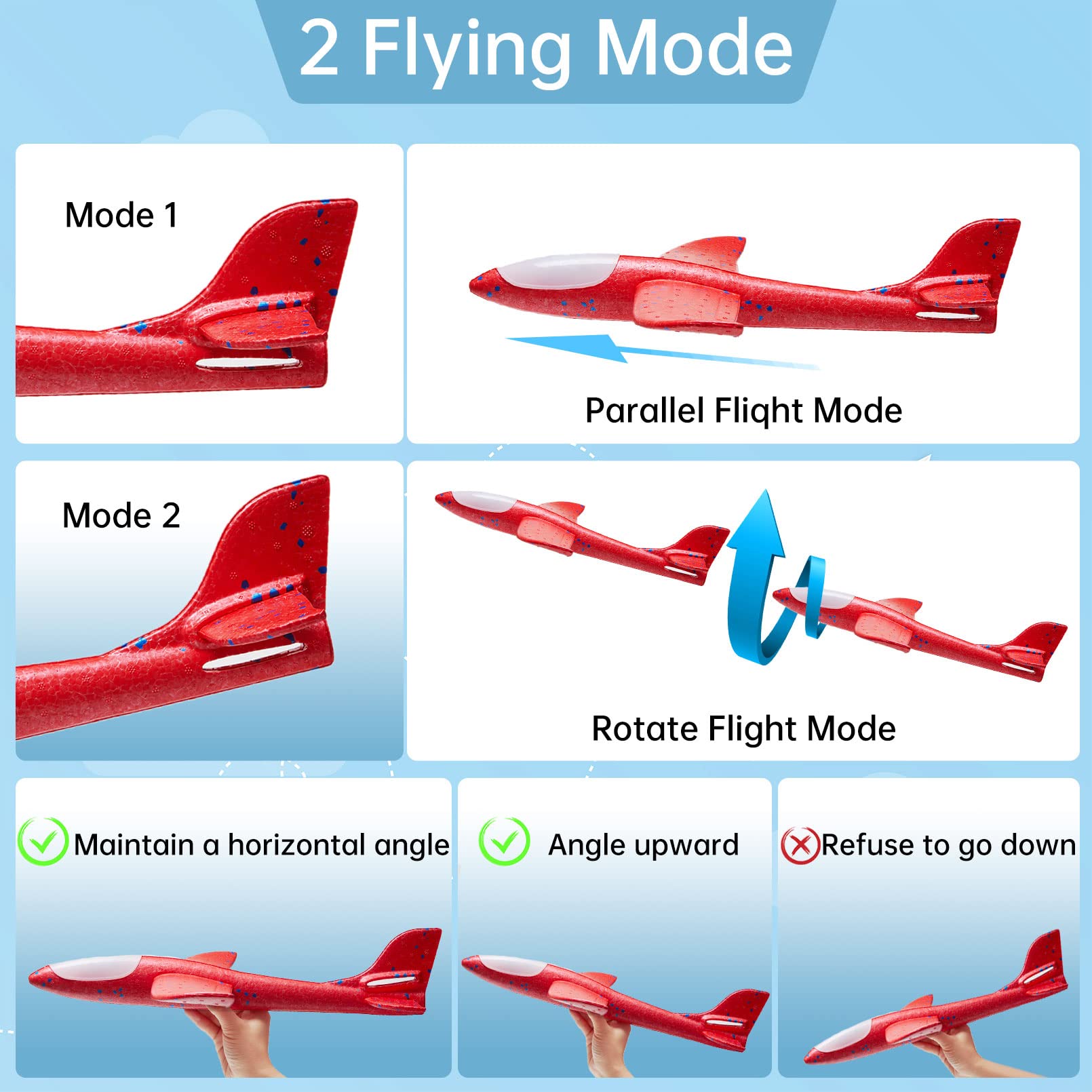 4 Pack LED Light Airplane Toys,17.5" Large Throwing Foam Plane,2 Flight Mode Glider Plane,Foam Airplane Flying Toys for Kids,Outdoor Sport Game