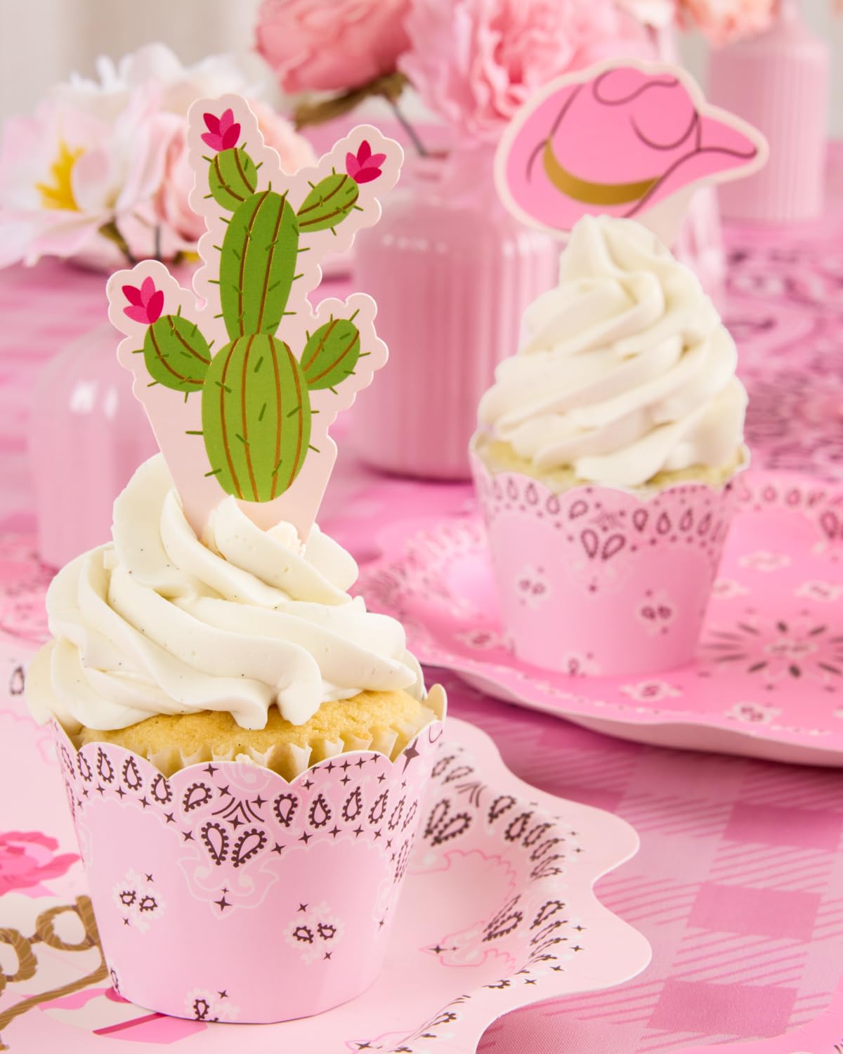xo, Fetti Cowgirl Cupcake Toppers and Wrappers - 24 Pc Set | Pink Western, First Rodeo Birthday, Bandana Party, Western Cowboy Cake Decor