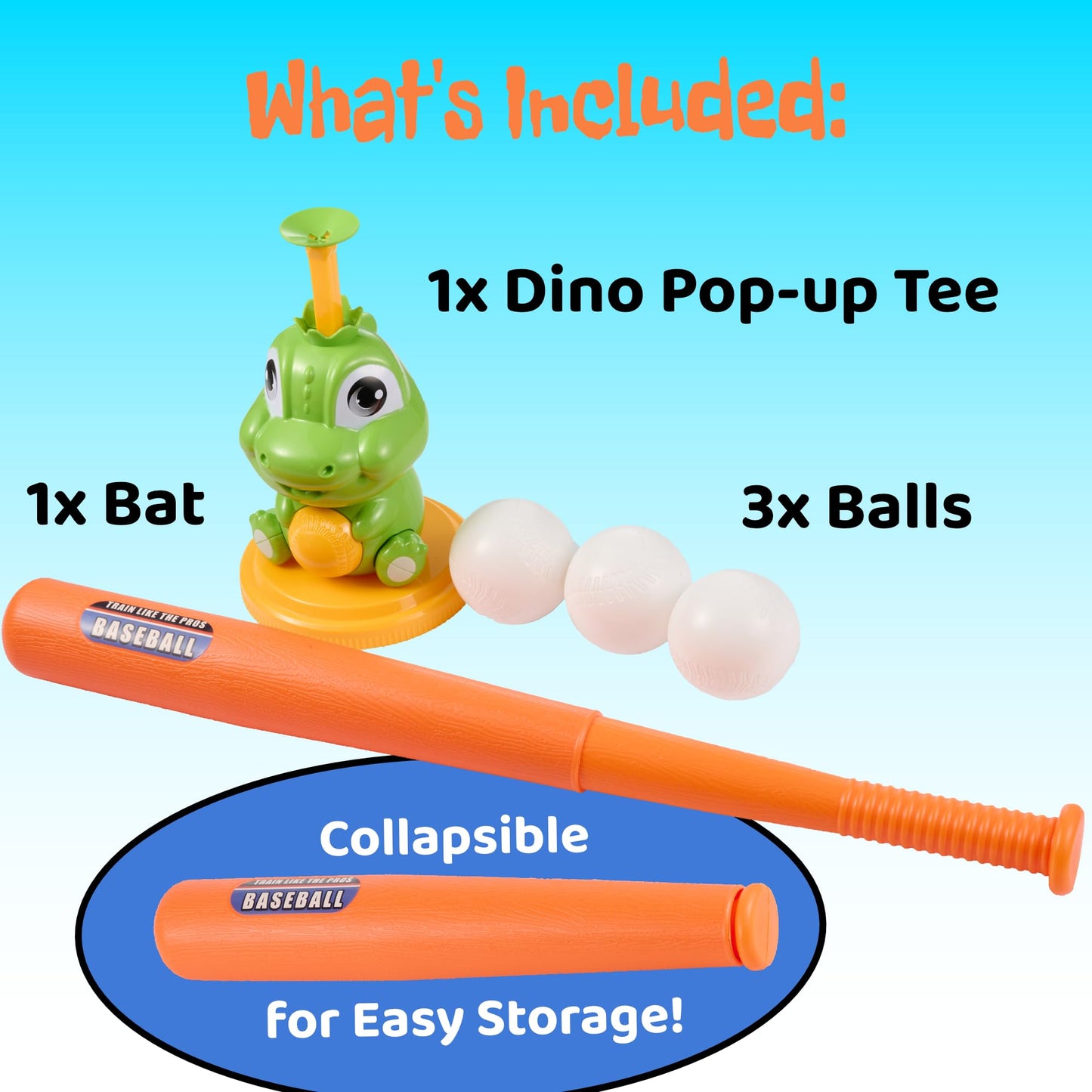 Dinoland Pop-Up T-Ball Set, Green Dinosaur Tee with Bat and 3 Balls, Indoor Outdoor Baseball Training Toy for Kids Ages 3-8