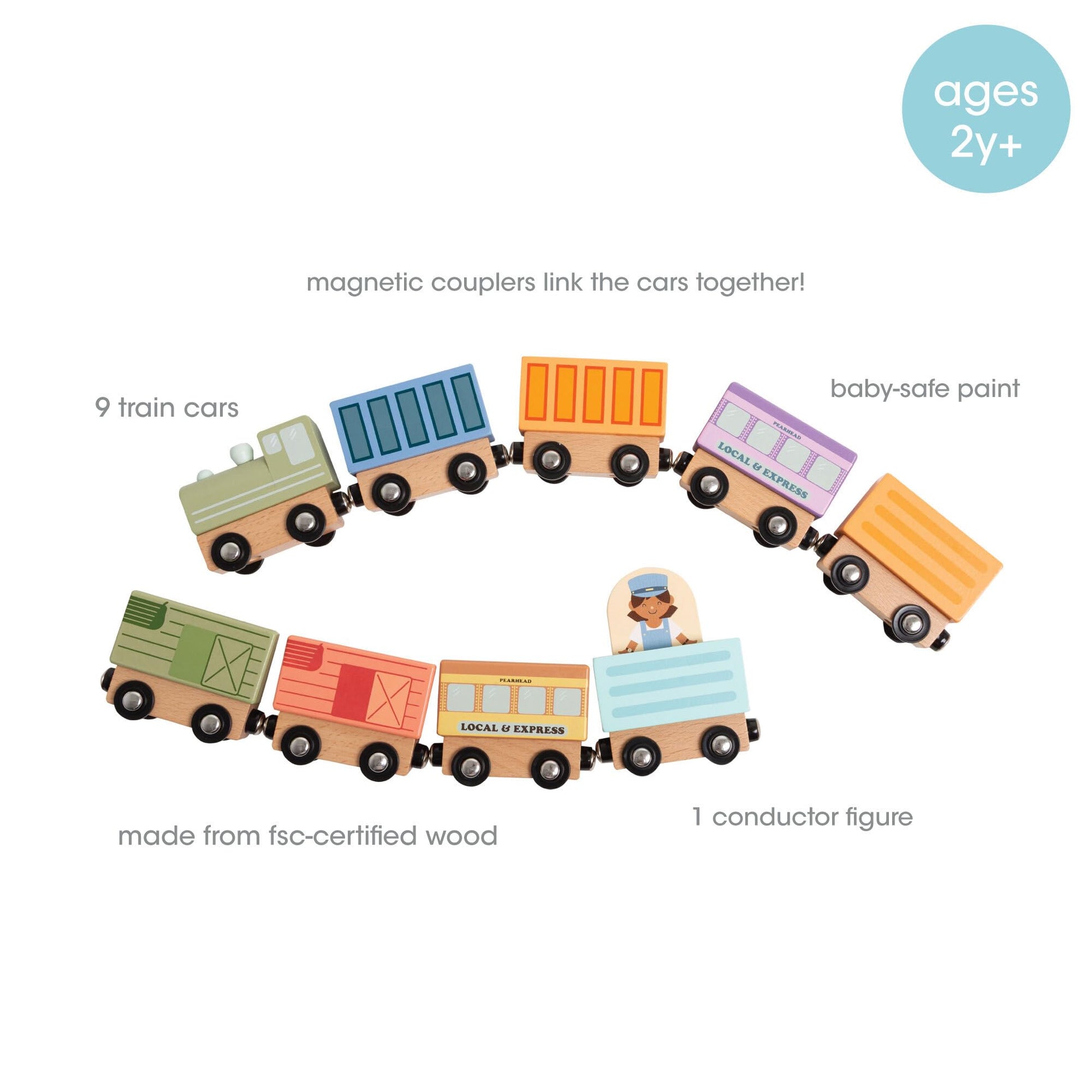 Pearhead Wooden Train Set for Toddlers - 10-Piece Magnetic Train Cars, FSC-Certified Wood, Montessori STEM Toy, Develops Fine Motor Skills, Compatible
