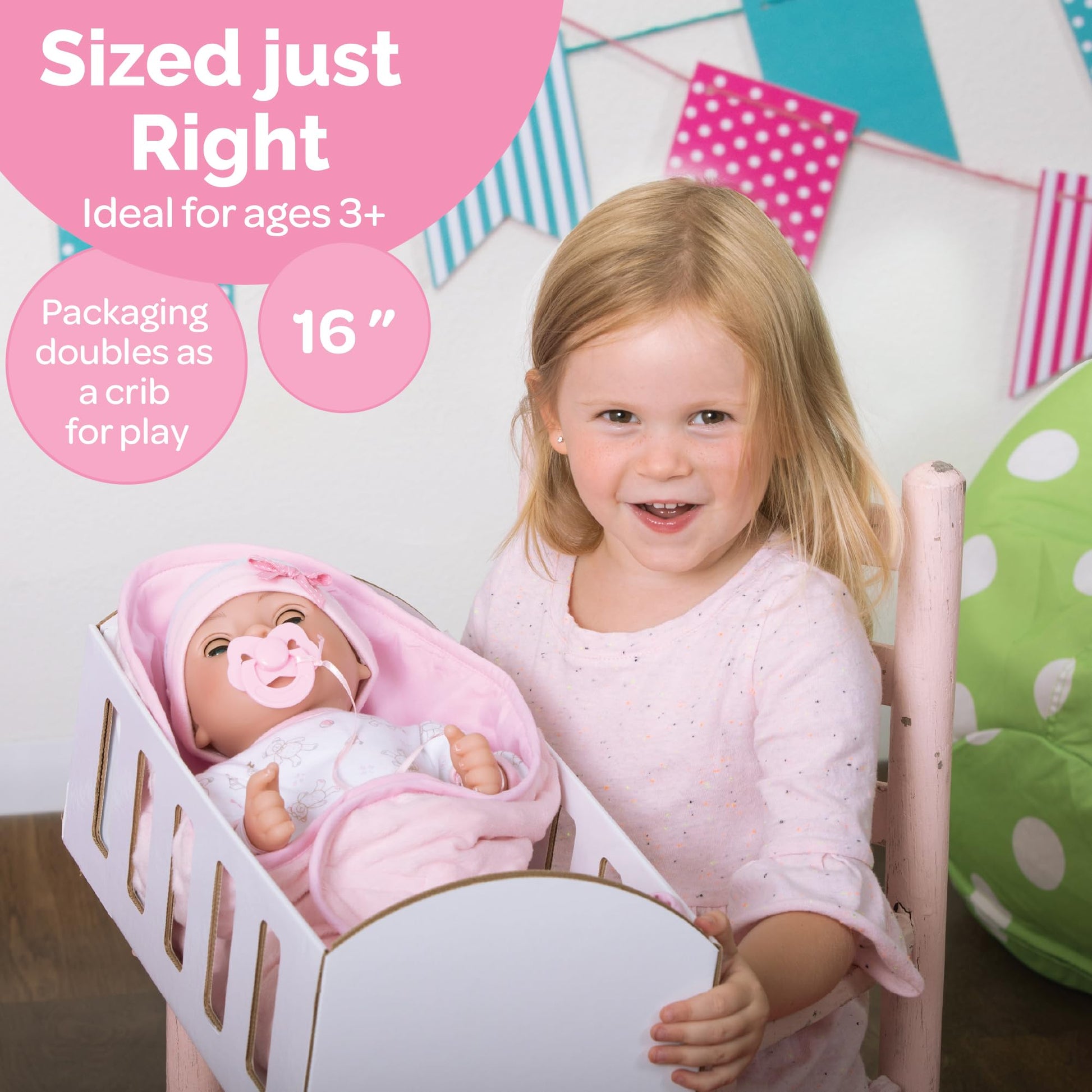 Adora 16 Inch Girl Baby Doll with Accessories Pink Matching 9-Piece Set Including a Pacifier, Hospital, Bracelet, Diaper, and More Gift for Toddlers