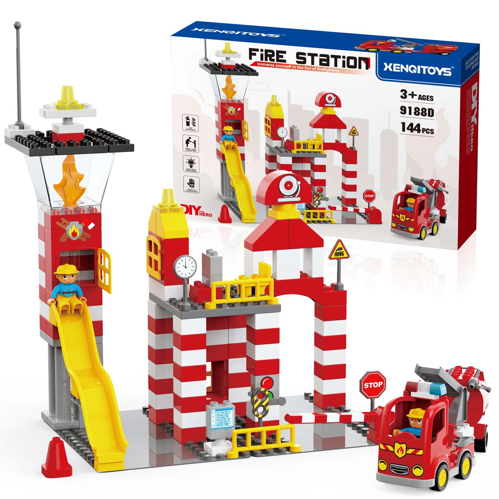 XENQITOYS Fire Station Playset, 144Pcs Classic Big Building Blocks Compatible with All Major Brand, Fire Station Toys, Fire Trucks for Toddlers 3-5