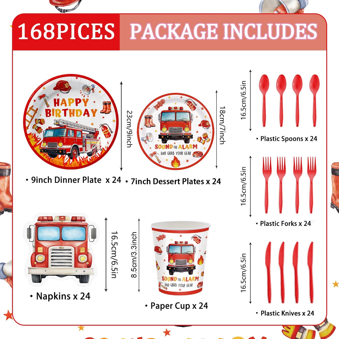168pcs Firetruck Paper Plates Napkins Fire Truck Party Supplies Serve 24