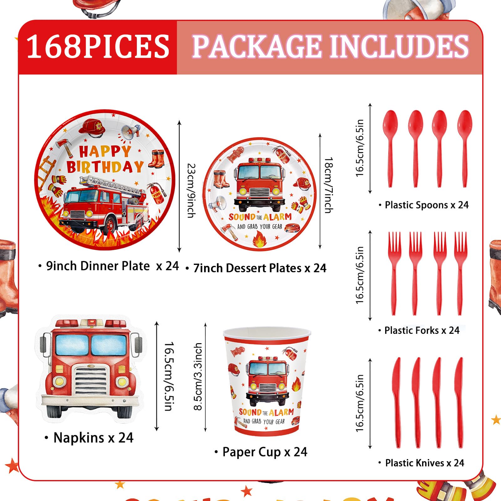 168pcs Firetruck Paper Plates Napkins Fire Truck Party Supplies Serve 24