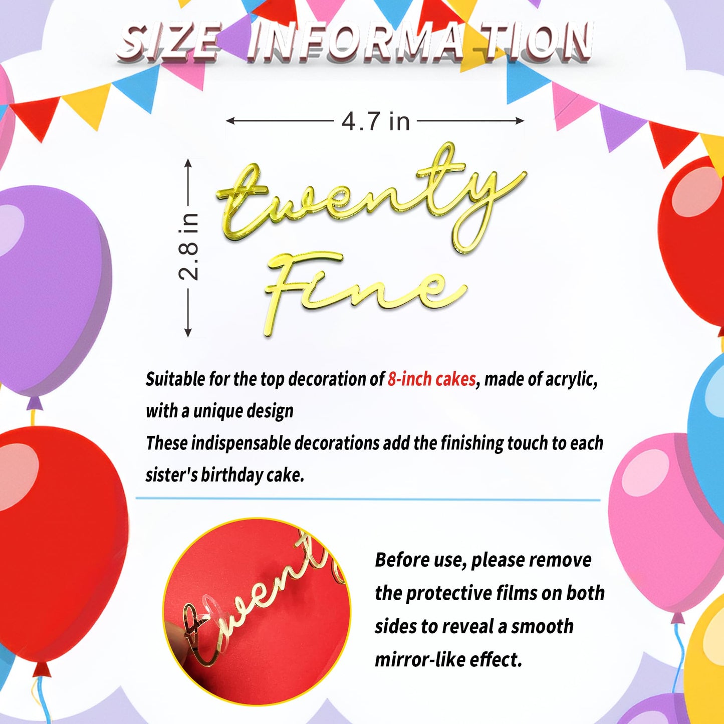 Twenty Fine Cake Topper - Gold Acrylic 25th Birthday Cake Decoration, Funny Twenty Five Cake Sign, Reusable Cake Topper for Men & Women Party Supplies