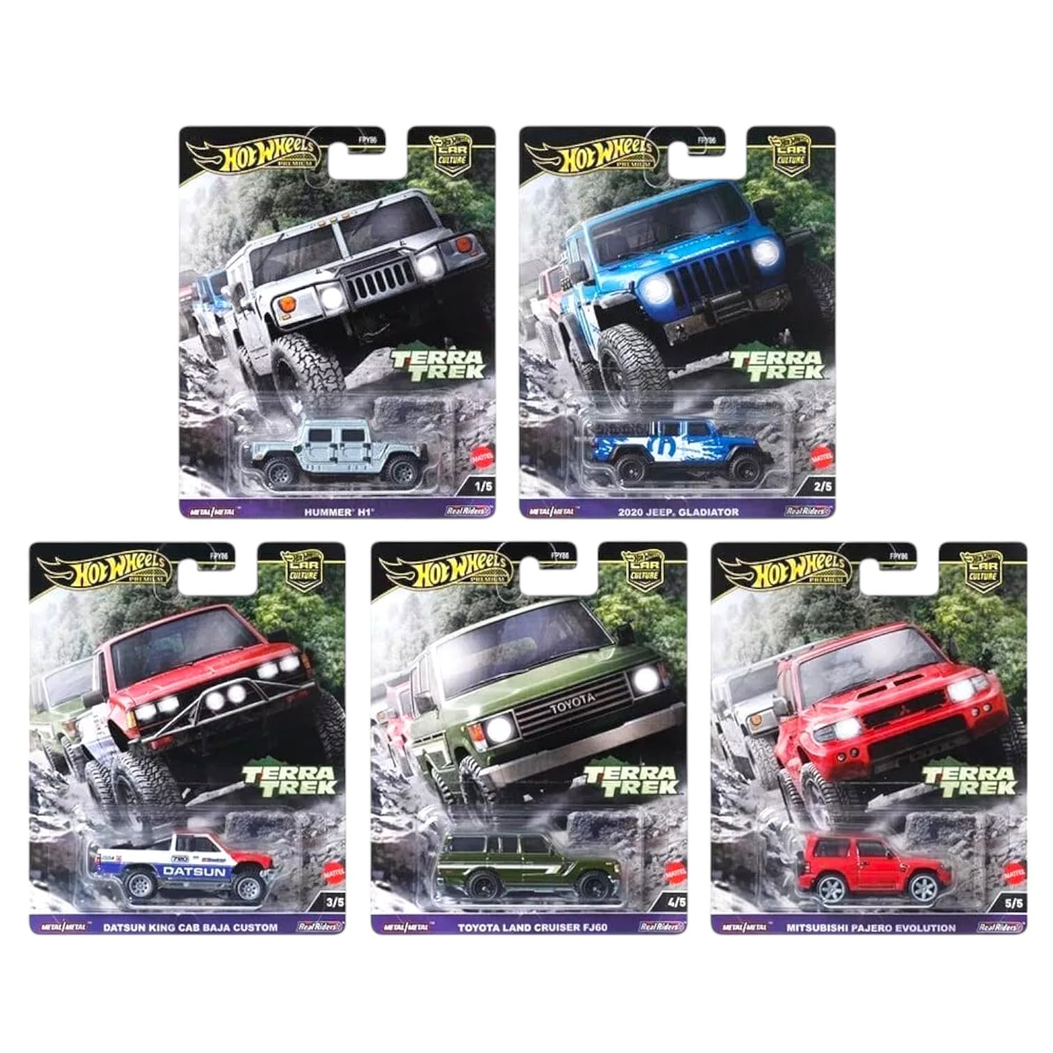 Hot Wheels Terra Trek Off-Road Collection, 5 Die-Cast Cars Set, Hummer H1, Jeep Gladiator, Datsun King Cab, Toyota Land Cruiser, Mitsubishi Pajero