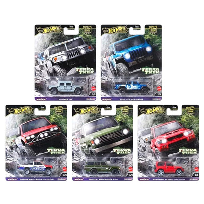 Hot Wheels Terra Trek Off-Road Collection, 5 Die-Cast Cars Set, Hummer H1, Jeep Gladiator, Datsun King Cab, Toyota Land Cruiser, Mitsubishi Pajero