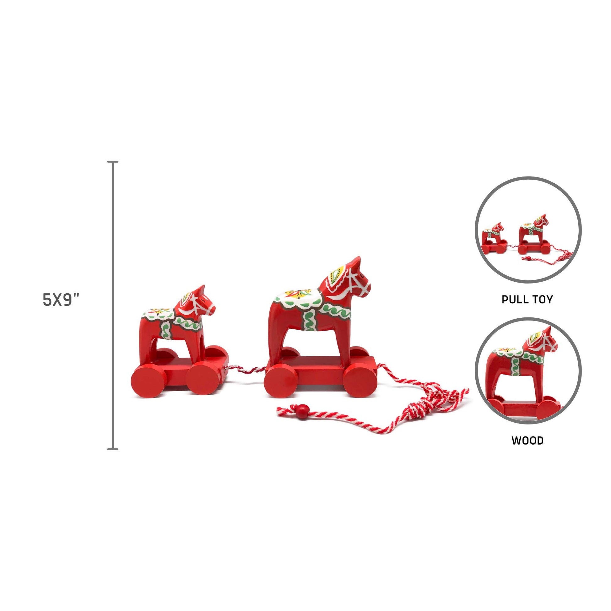 Red Wooden Pull Toy Dala Horse (2 Horses)