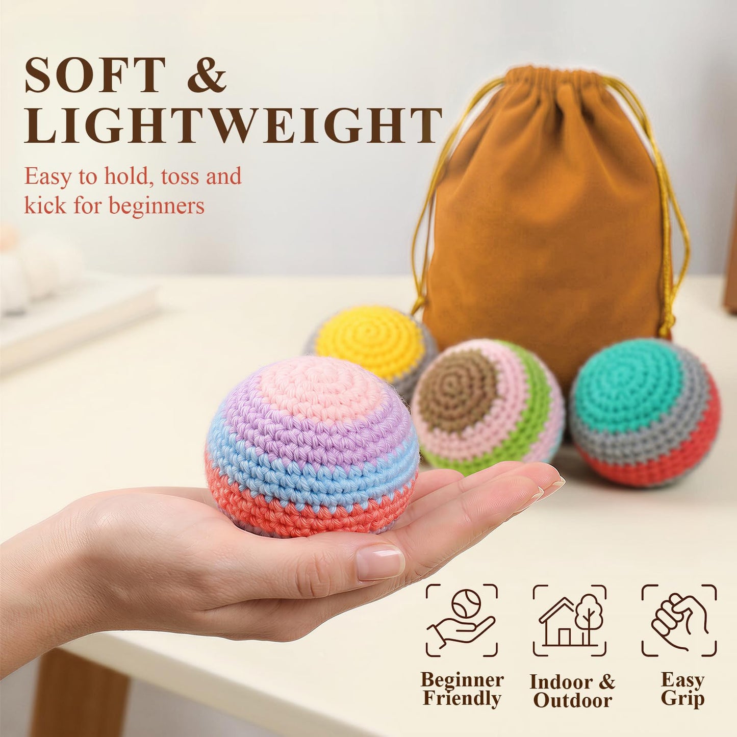 LAVKUHY Hand-Crocheted Footbag 2-Pack - Soft Knitted Kick Sacks for Stress Relief, Office Fidget & Outdoor Games, Includes Travel Pouch, Unique Gift