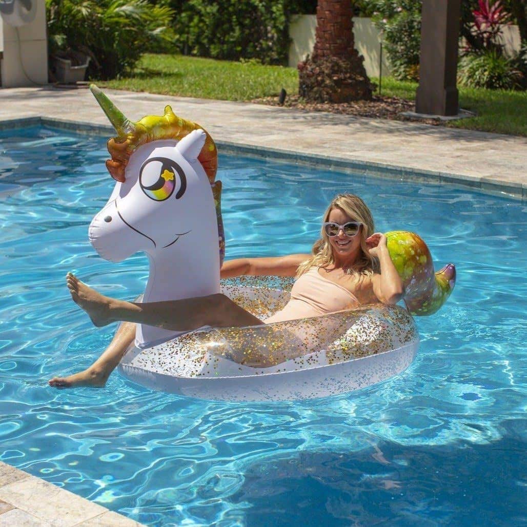 PoolCandy Inflatable Animal Pool Tubes & Swim Rings (Unicorn Glitter Filled 48" inch Animal Pool Tube Swim Ring)