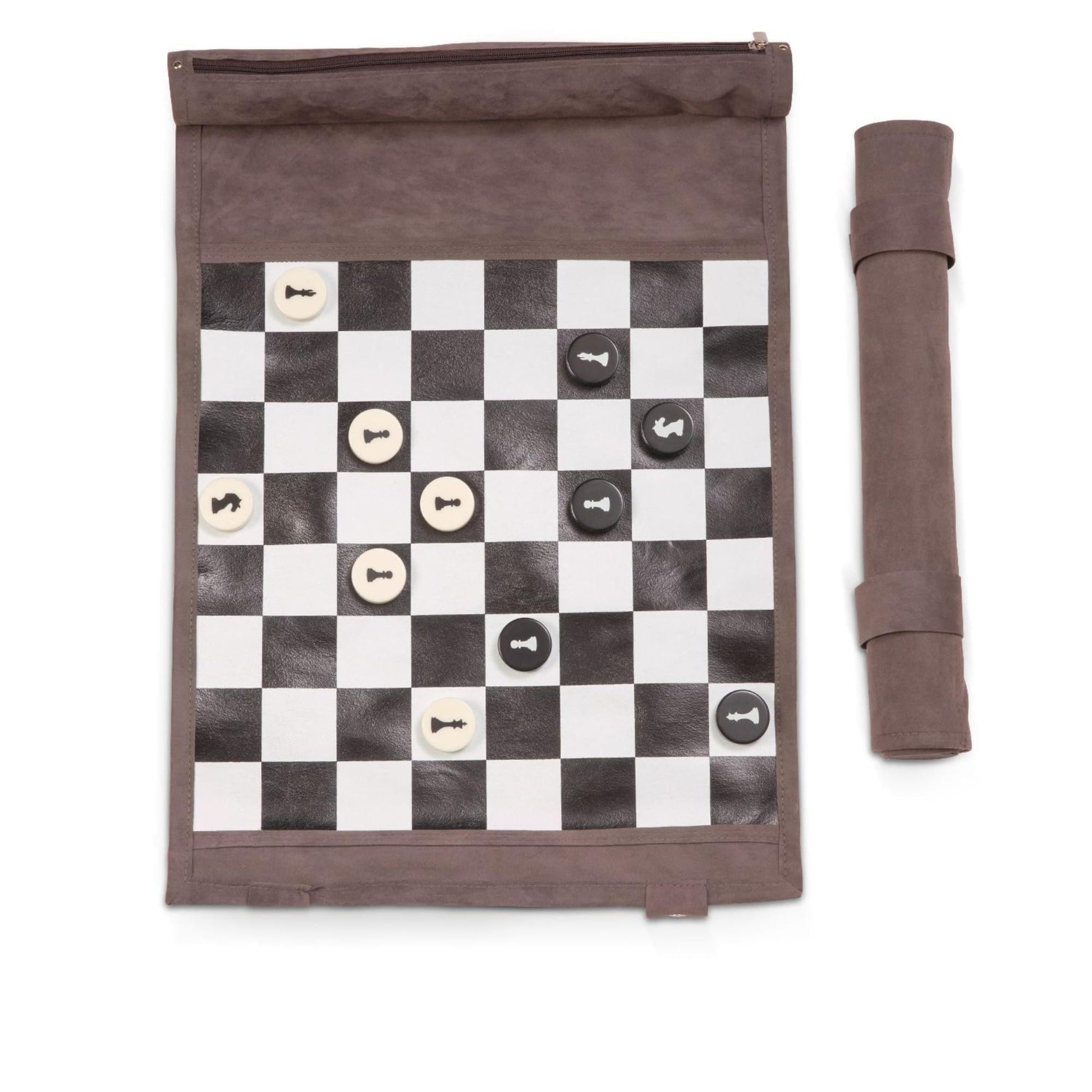 Bey Berk Roll Up Chess Set 17 x 0.5 x 12.5” (LxWxH) Portable Travel Chess Set with 32 Pieces, Grey Suede Roll Up Chess Board Mat with Zipper and Snap