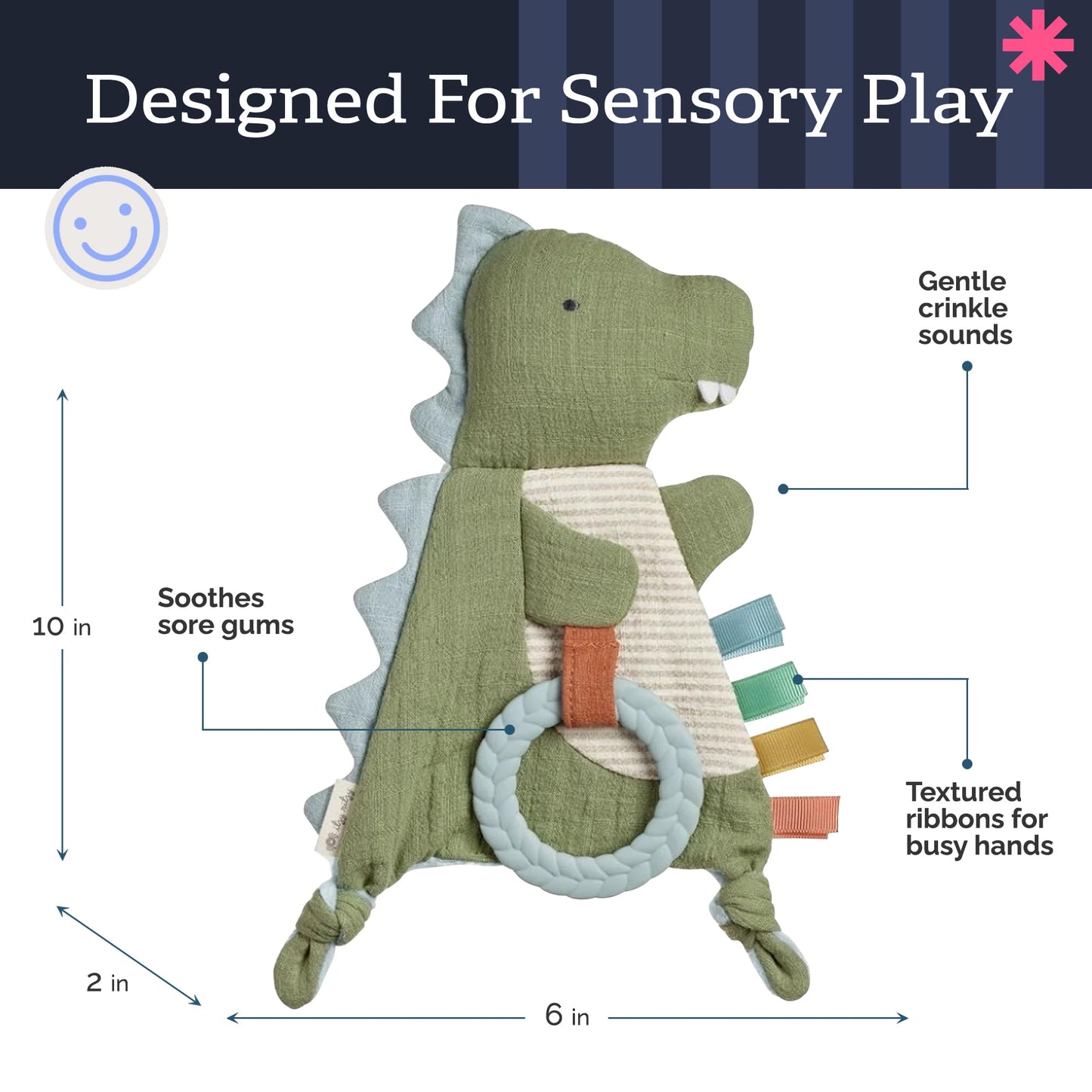Itzy Ritzy - Bitzy Crinkle Sensory Toy Dinosaur with Crinkle Sound for Babies & Toddlers - Features Soft Braided Teething Ring & Textured Ribbons