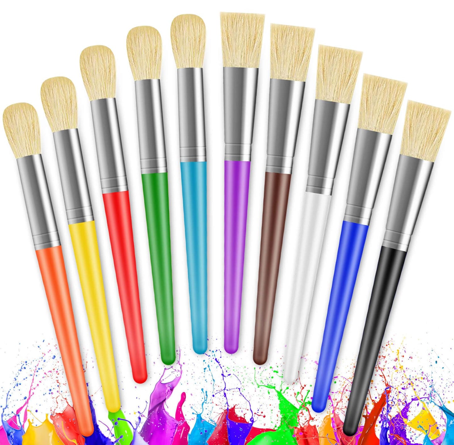 Paint Brushes for Kids, 10 Pcs Big Washable Chubby Toddler Paint Brushes, Easy to Clean & Grip Round and Flat Preschool Paint Brushes with No Shed