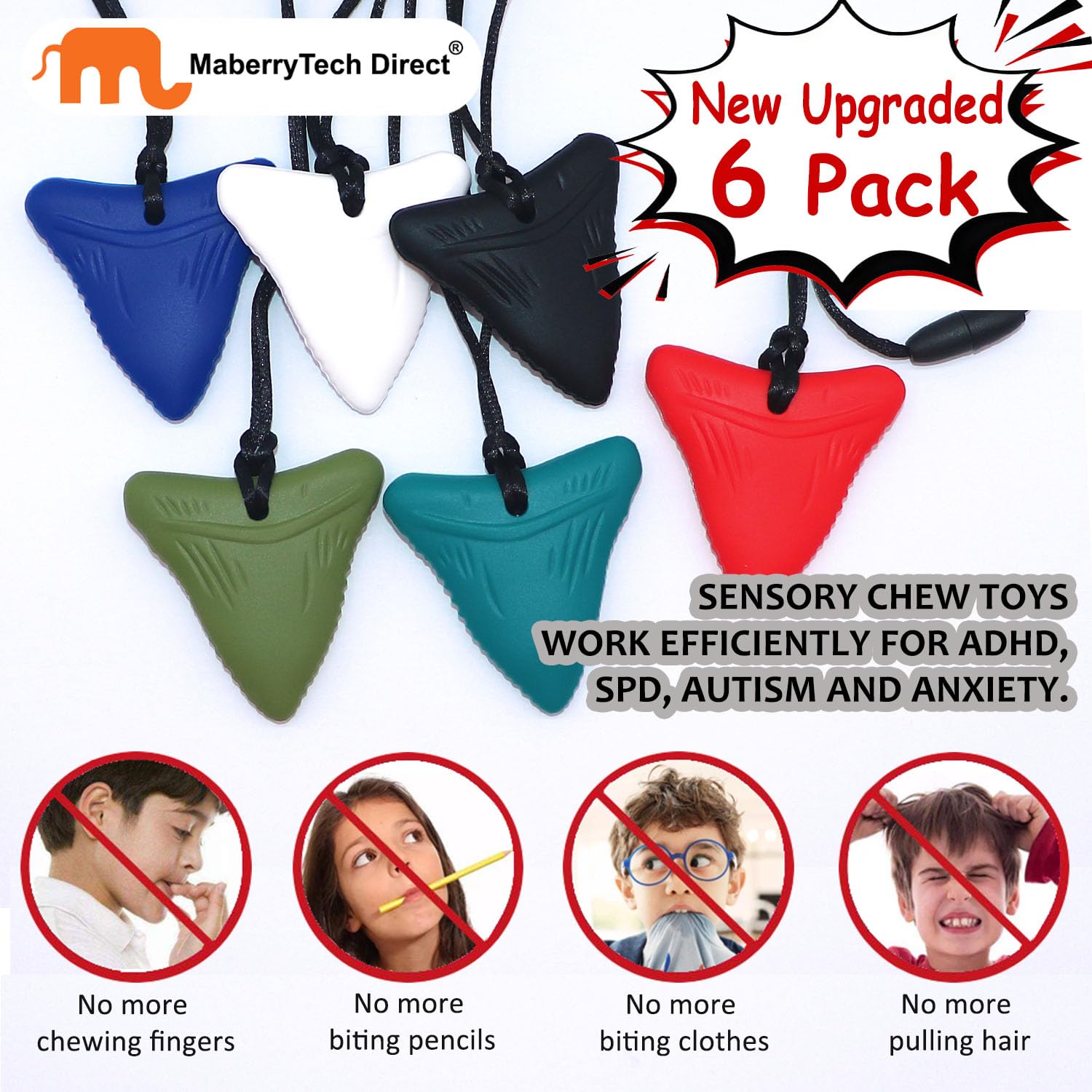 Chew Necklaces for Sensory Kids, 6 Pack Chewy Necklace Sensory Toys for Autism, ADHD, Anxiety- Silicone Teething Necklace Oral Chew Toys for Boys
