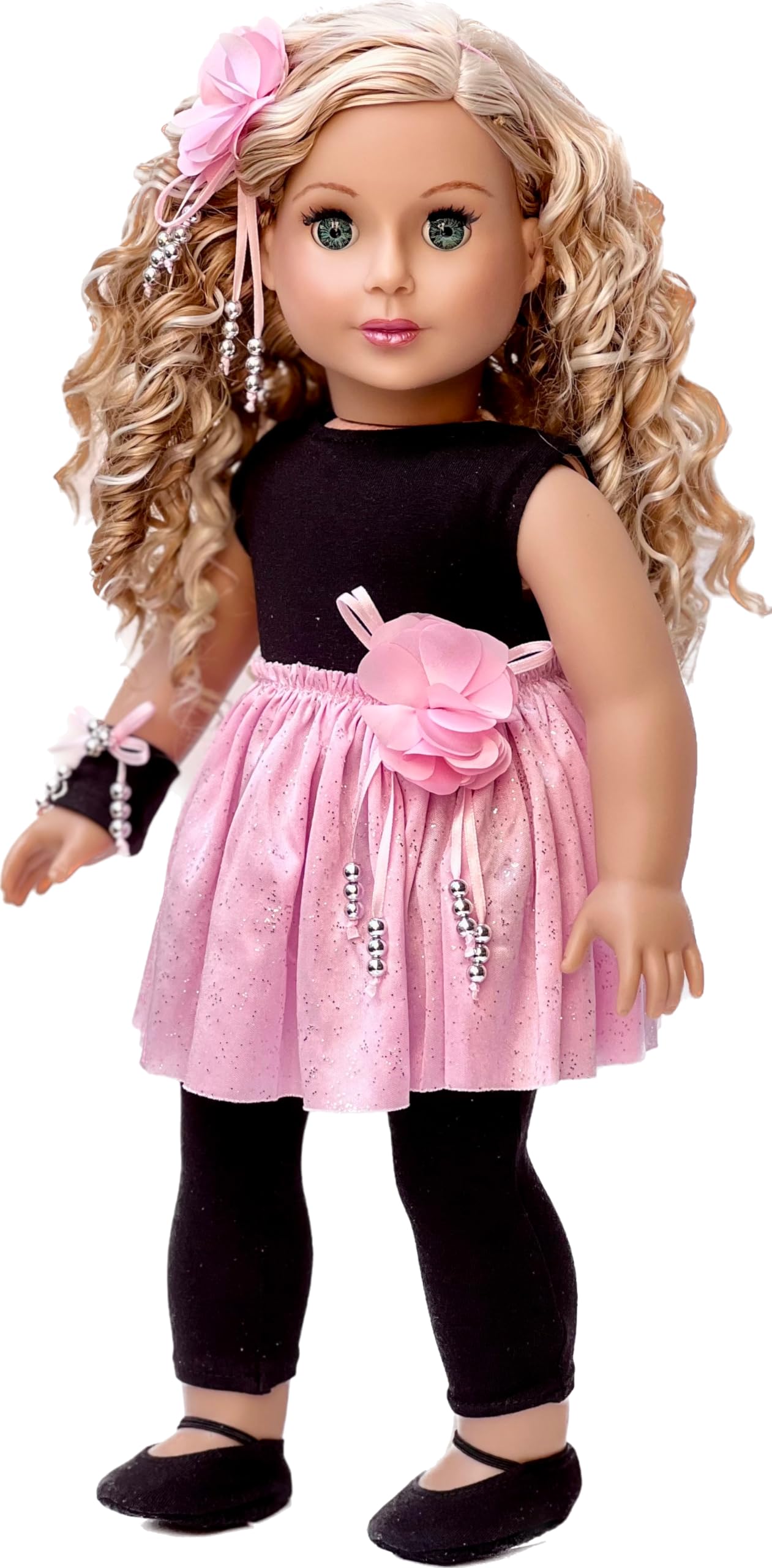 Showtime - 5 Piece Outfit - Black Unitard, Pink Tutu Skirt, Ballet Slippers, Corsage, Hairpiece - Clothes Fits 18 Inch Dolls (Doll Not Included)