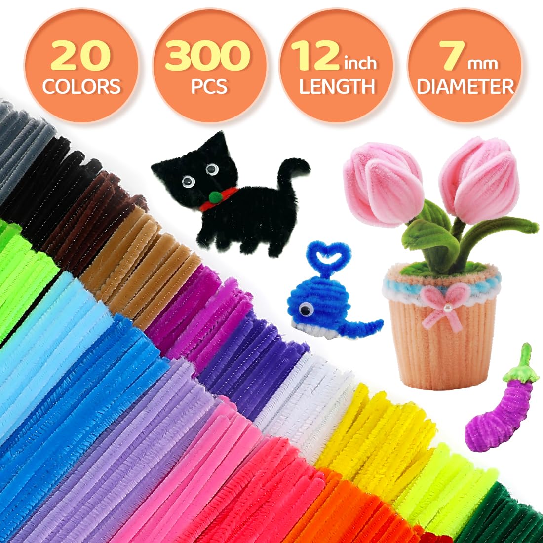 GAGANIU 300pcs Craft Pipe Cleaners, 20 Colors Chenille Stems with Flowers Manual for Crafts - 12 inch Craft Supplies for DIY Projects, Art Activities