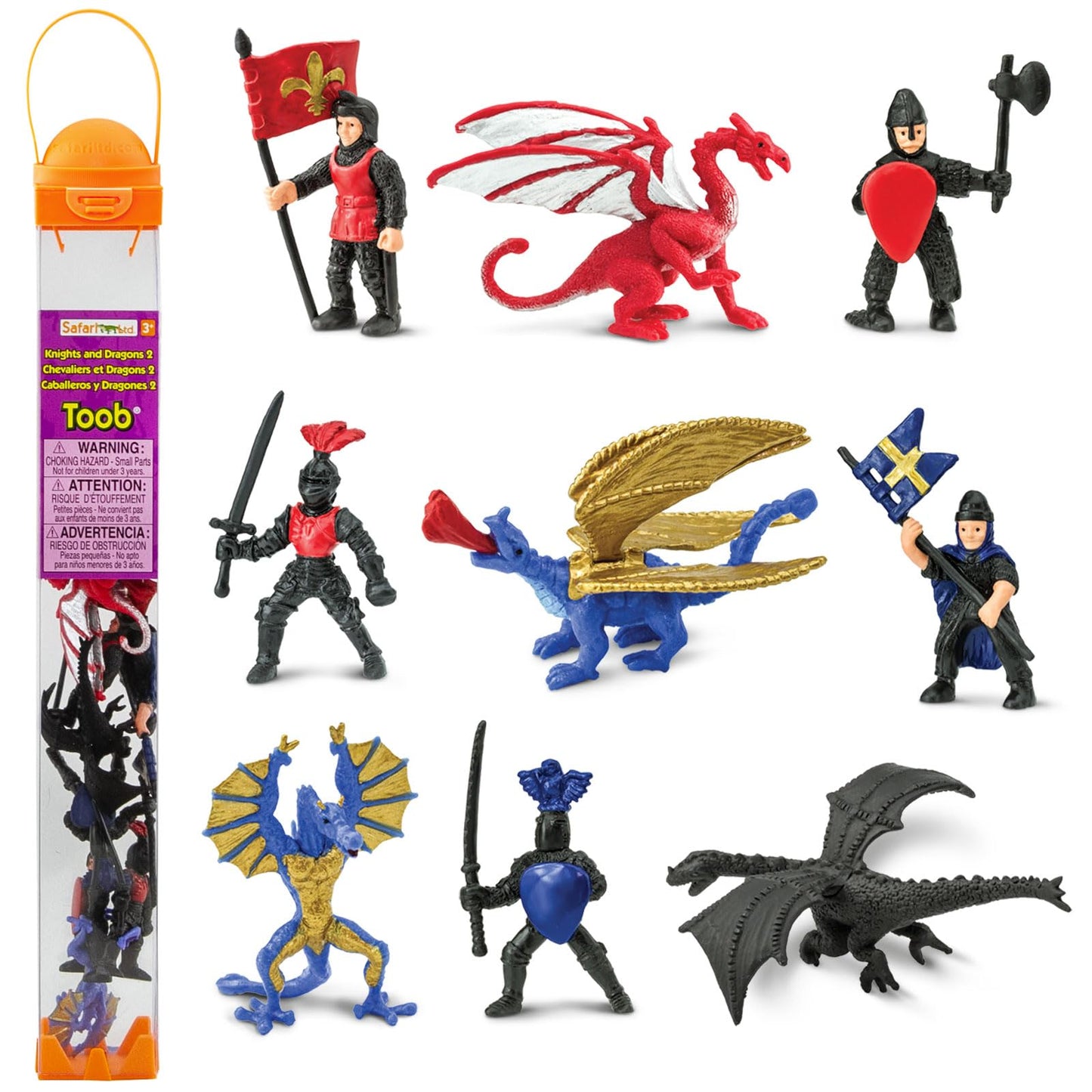 Safari Ltd Knights & Dragons TOOB - 9 Mini Figurines with Knights, Drake, Tiamat, Wyvern, and Peluda Dragon - Toy Figures for Boys, Girls & Kids Ages