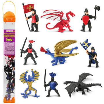 Safari Ltd Knights & Dragons TOOB - 9 Mini Figurines with Knights, Drake, Tiamat, Wyvern, and Peluda Dragon - Toy Figures for Boys, Girls & Kids Ages