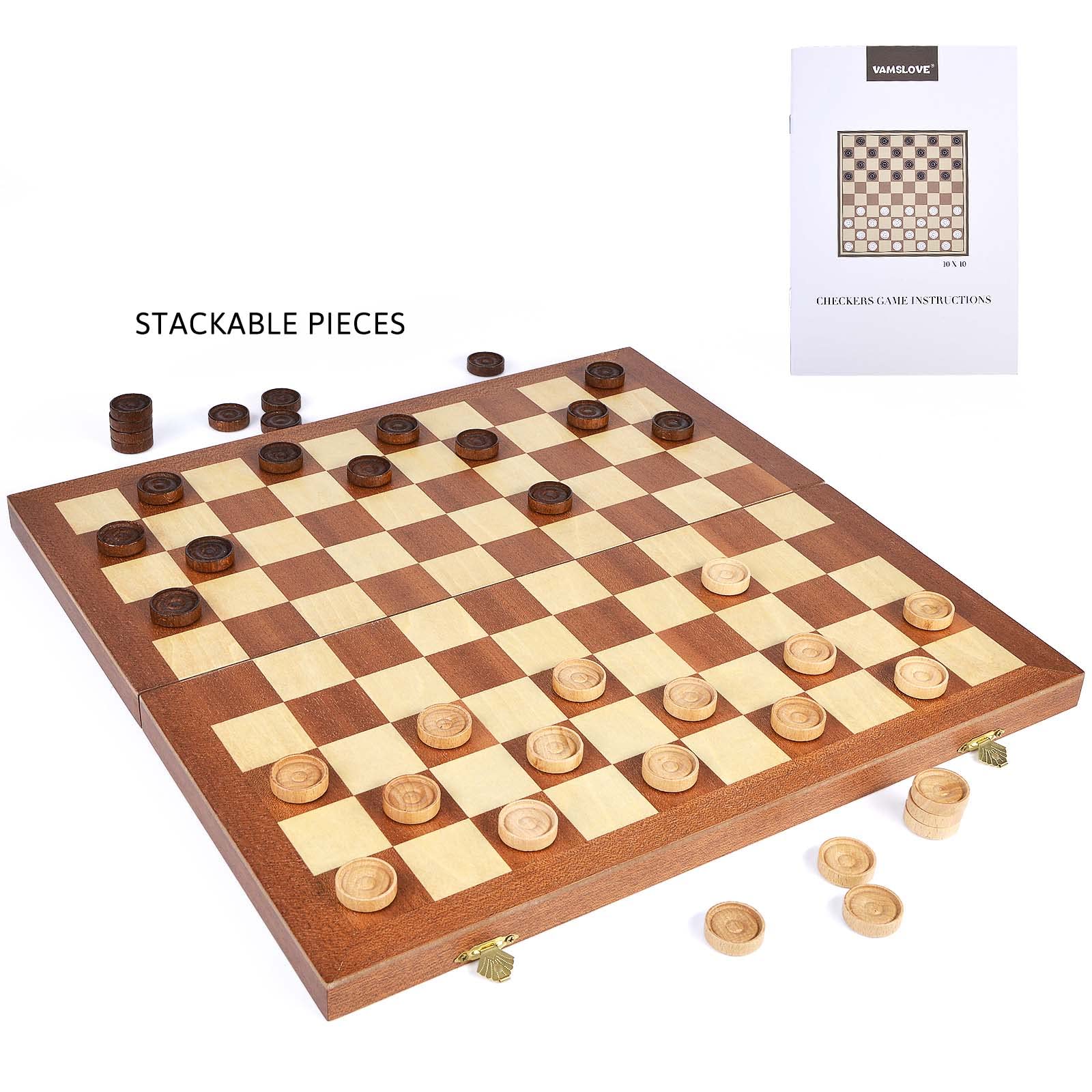 VAMSLOVE 15inch Checkers Folding Wooden Game Set, 100 Square Checkerboard International Checkers Draughts Board 10x10 for Kids with Pieces Storage