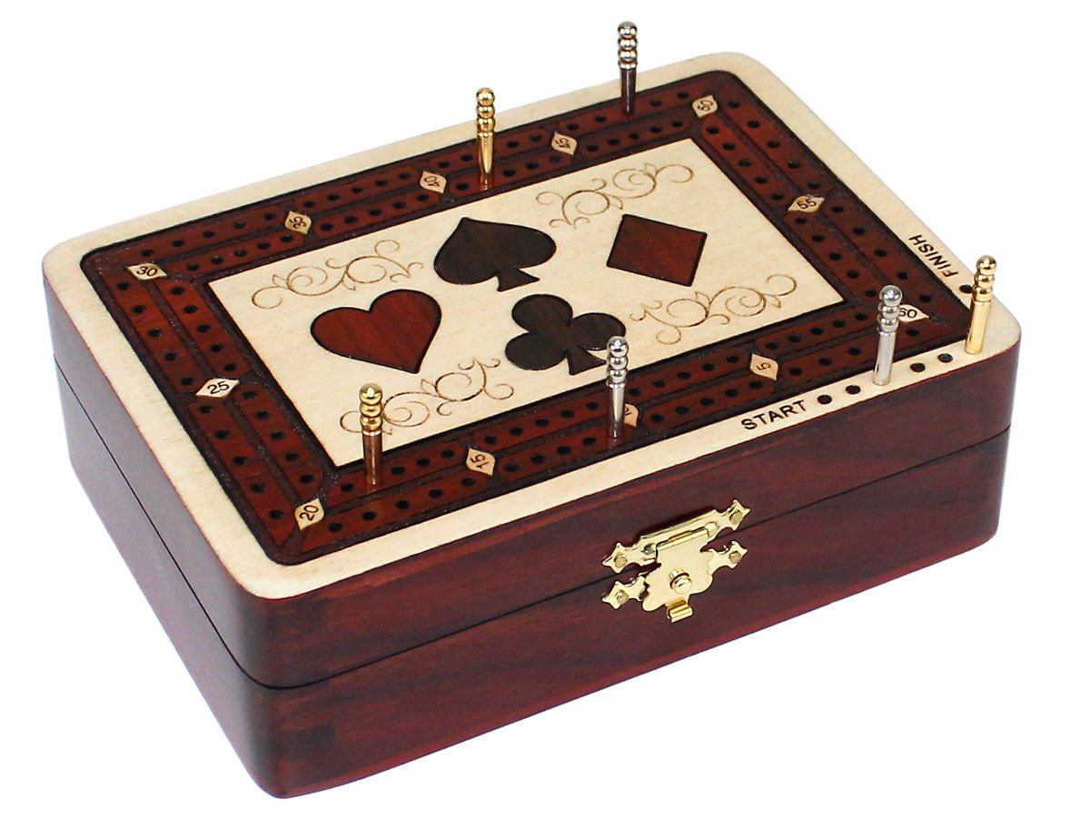 House of Cribbage - 2 Track - Wooden Cribbage Board / Box - Inlaid in Maple Wood / Bloodwood - Storage for Pegs & One Deck of Cards - 60 Points - Non