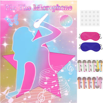 JUNUO Pin The Microphones On The Famous Singers Party Games, Suitable for Music-Themed Party Supplies Decoration, Pop Singers Party,Pink Girl