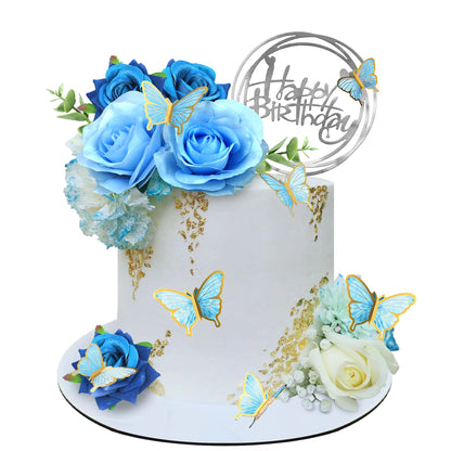 19 PCS Flower Cake Toppers Butterfly Happy Birthday Cake Decorations with Artificial Blue Rose Flowers Eucalyptus Butterflies for Party Wedding Baby