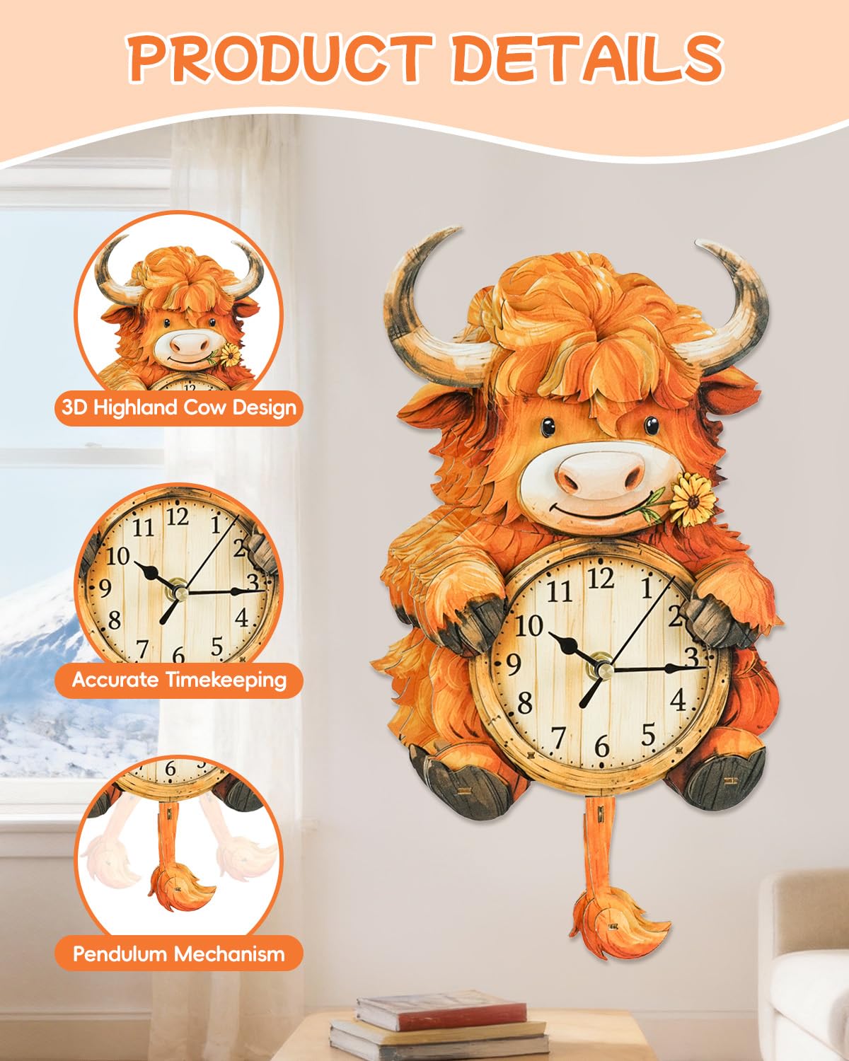 Rnfinewow 3D Puzzles for Adults, Highland Cow Clock Kit with Pendulum, 3D Wooden Puzzles Model Kit Home Decor DIY Wall Clock Highland Cow Puzzle
