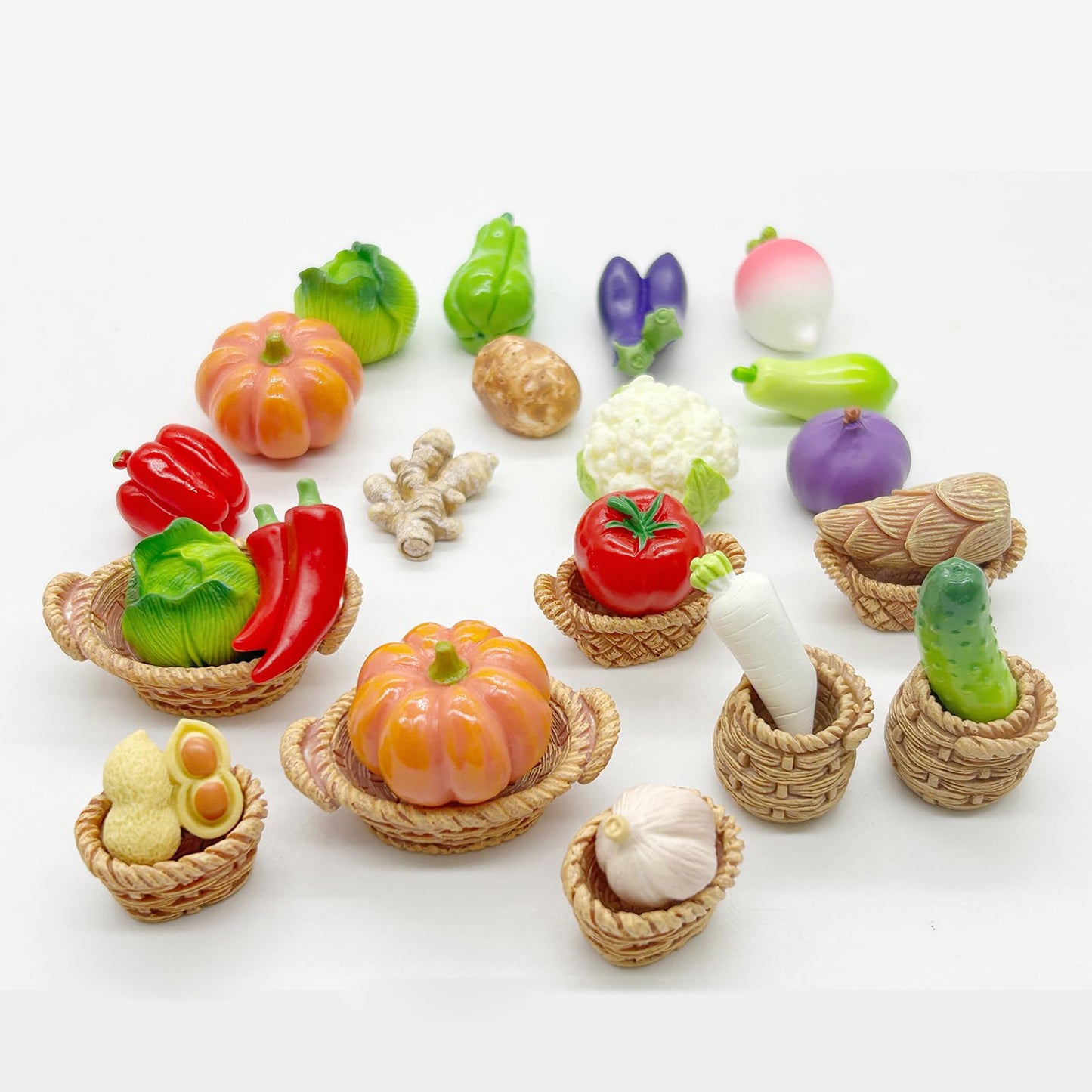 28Pcs Miniature Vegetable Figurines, Miniatures Kitchen Food, Fake Mini Vegetables, Resin Vegetables Model, Miniature Baskets Decor Set for Mini House