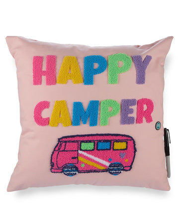 MeMoi Girls Plush-Embroidered Happy Camper Autograph Pillow with Marker Peachy Pink One Size